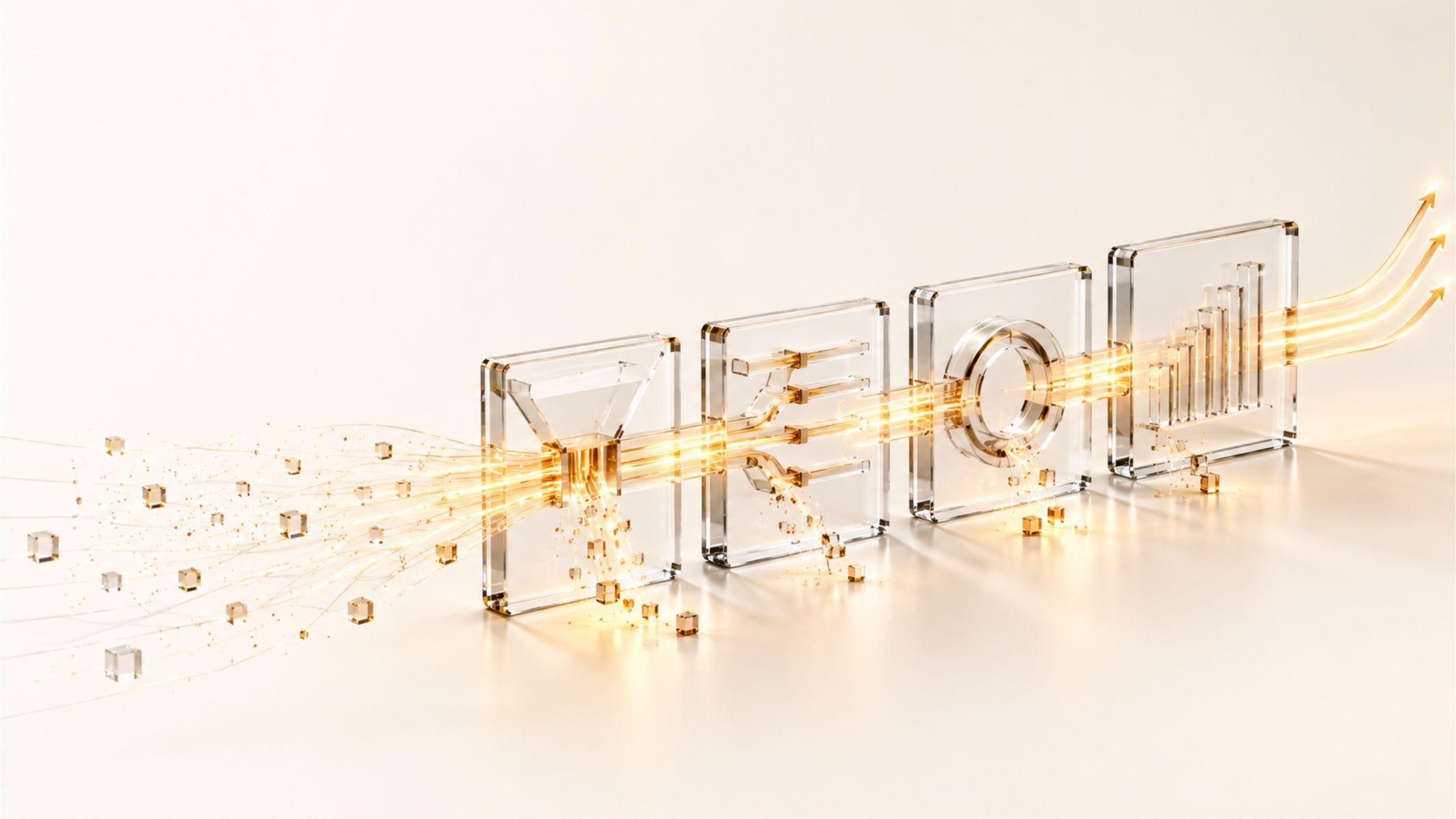 Golden light passes through four transparent glass panels depicting a funnel, routing branches, a circular ring, and rising bars, with cubes spilling beneath.