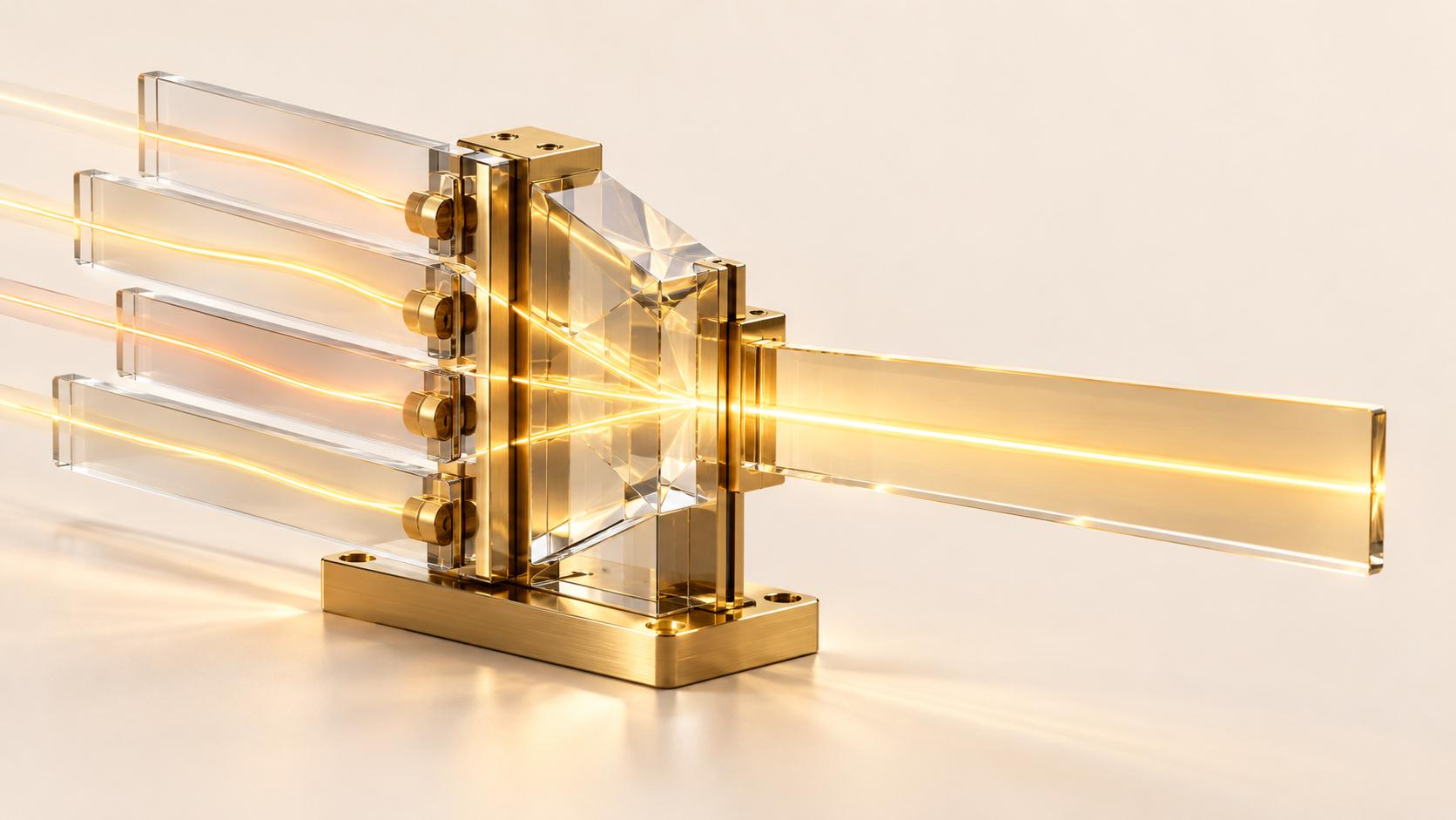 Cuatro barras de vidrio transparente sujetas en un soporte de latón llevan luz dorada desde la izquierda hacia un prisma de vidrio facetado, que la proyecta como una sola barra de vidrio más ancha hacia la derecha, sobre una superficie crema pálida.