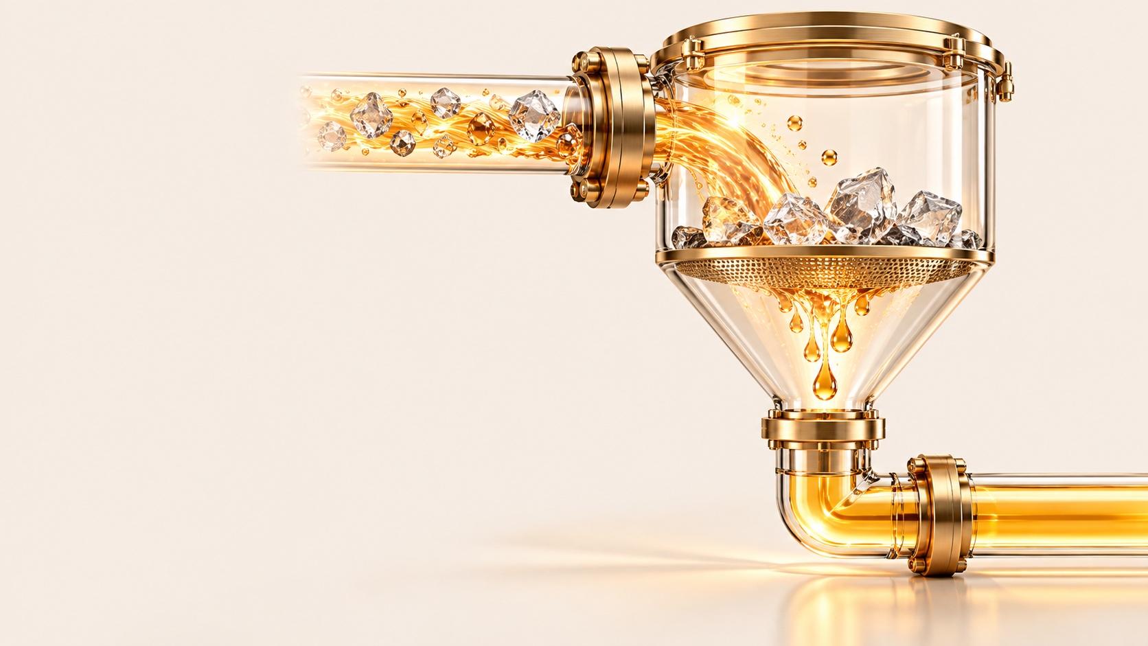 Un líquido ámbar con fragmentos de cristal transparente fluye por un tubo de vidrio hacia un recipiente filtrante de vidrio y latón, donde una malla retiene los cristales mientras gotas doradas limpias caen por un embudo hacia un tubo de salida, sobre fondo crema.