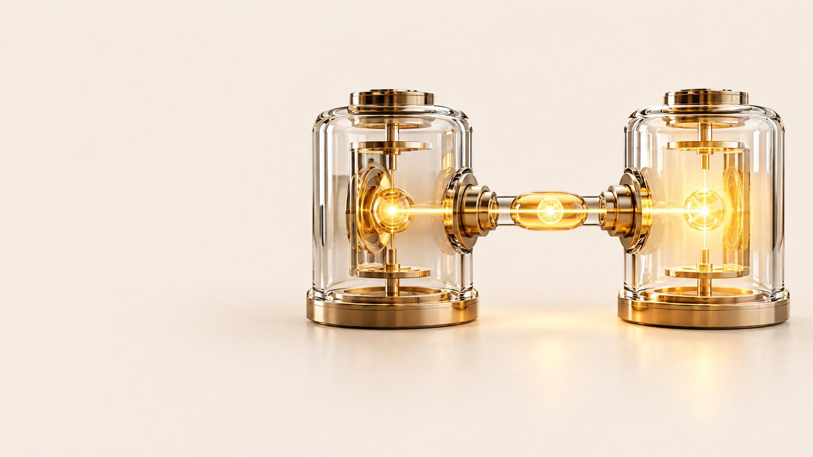 Dos cilindros de vidrio transparente con tapas y bases de latón, cada uno con un núcleo dorado brillante, unidos por una cápsula de vidrio horizontal que lleva un haz de luz entre ellos sobre una superficie crema.