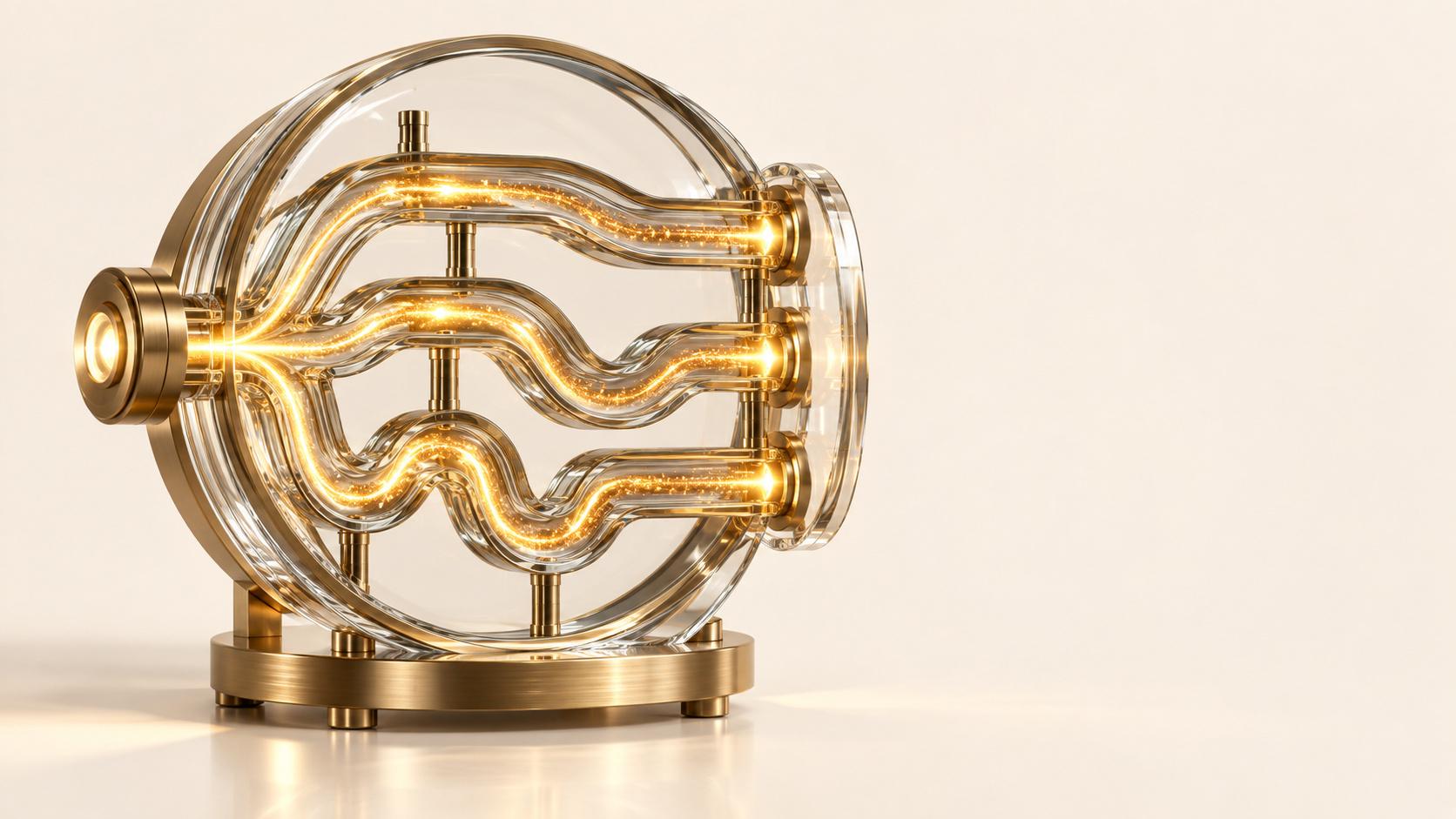 Un dispositivo redondo de vidrio y latón sobre una superficie color crema: una luz dorada brillante entra por una única entrada de latón a la izquierda y se divide en tres tubos de vidrio, uno casi recto, otro suavemente curvado y otro muy sinuoso, cada uno de los cuales termina en su propia salida a la derecha.
