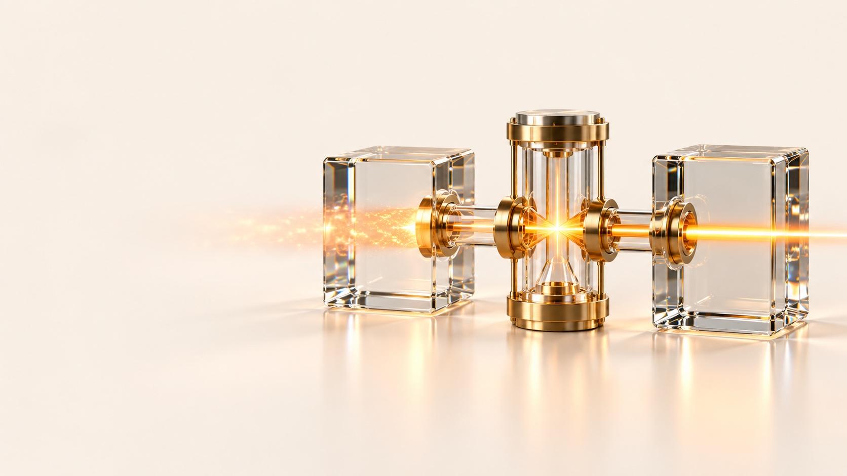 Dos bloques de vidrio transparente flanquean una cámara de vidrio cilíndrica vertical con accesorios de latón, conectados por tubos de vidrio que transportan un haz concentrado de luz dorada a través de una superficie color crema.