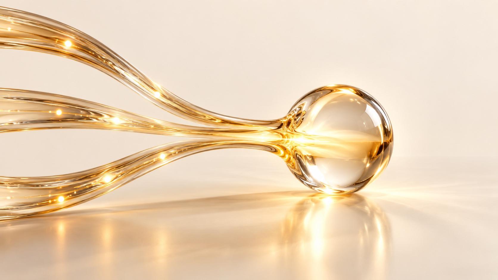 Tres hilos de vidrio translúcido que llevan una cálida luz dorada convergen en una única esfera de vidrio transparente sobre una superficie crema pálida.