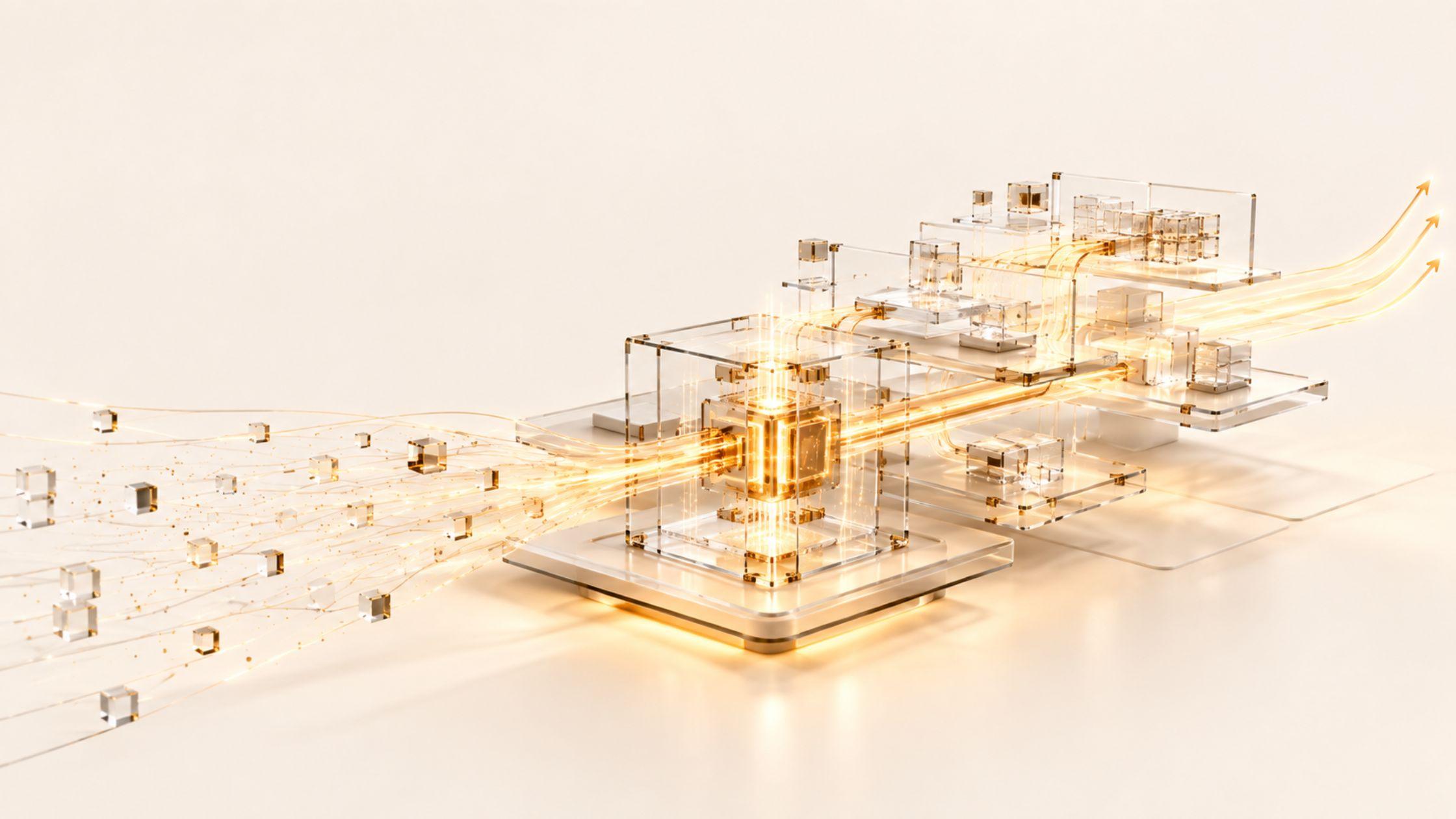 Streams of golden light and small glass cubes converge into a glowing glass cube, then run through a layered platform of transparent modules and leave as three rising arrows.
