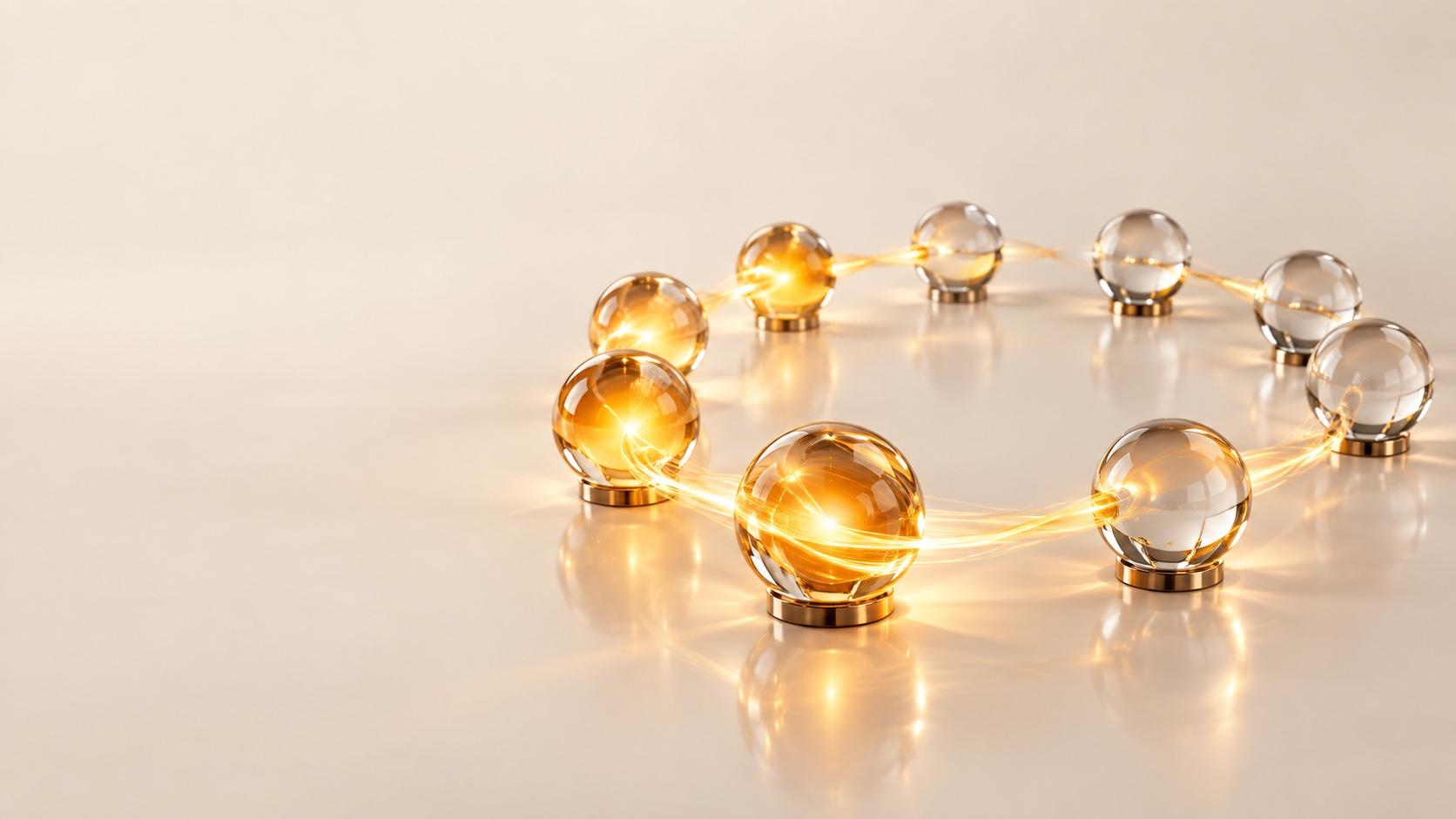 Nueve esferas de vidrio transparente sobre pequeñas bases de latón, dispuestas en un anillo irregular sobre una superficie crema reflectante y unidas por una cinta fluida de luz dorada; las esferas de la izquierda brillan en ámbar y las de la derecha siguen transparentes.