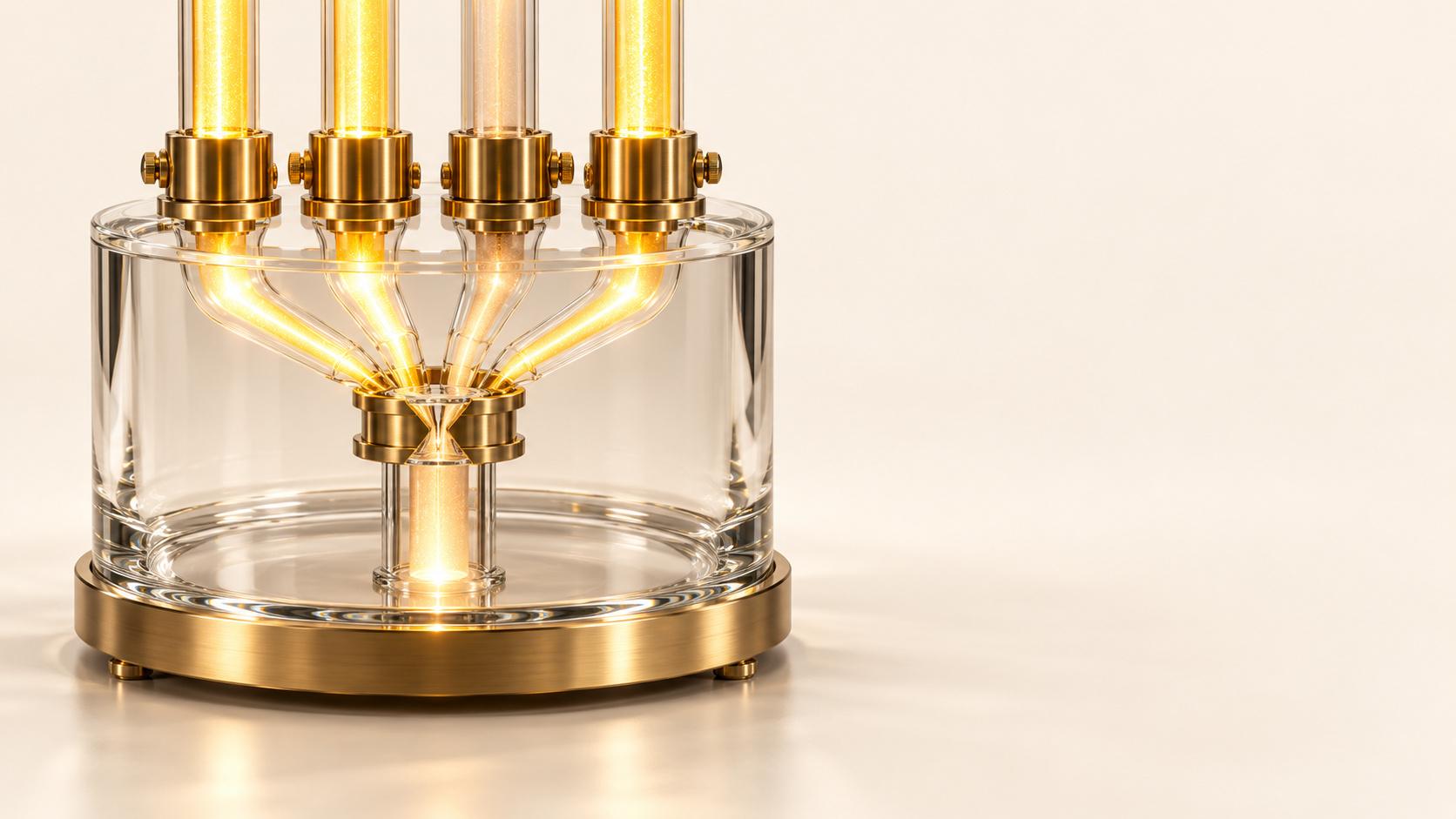Cuatro tubos de vidrio verticales con accesorios de latón ingresan a una cámara de vidrio cilíndrica y convergen en una salida dorada brillante; el tercer tubo desde la izquierda es más tenue y tiene una superficie reflectante color crema.