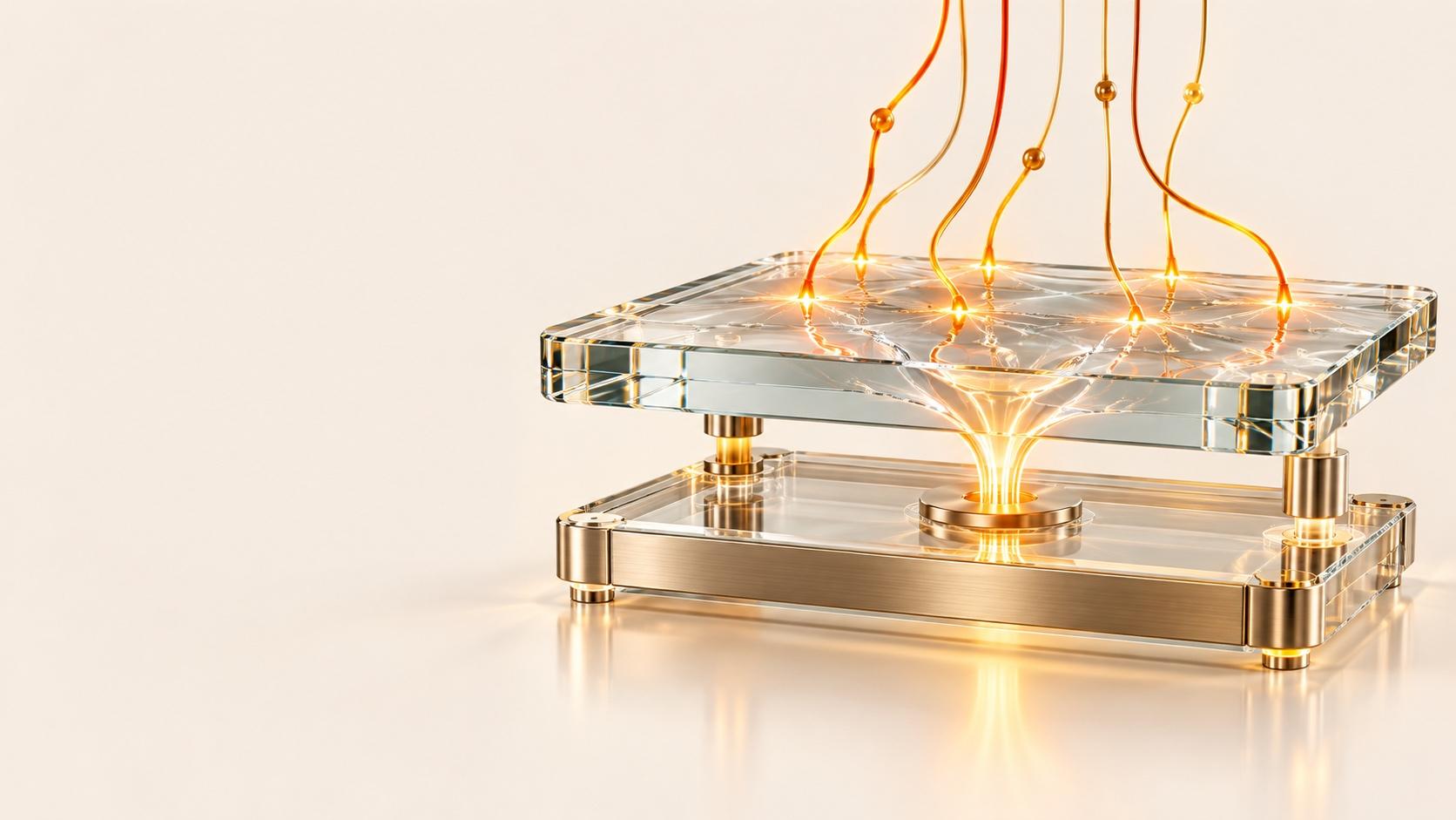 Una gruesa losa de vidrio elevada sobre postes de latón encima de una base de vidrio con marco de latón; unos hilos naranjas luminosos descienden sobre la losa y convergen en una sola columna de luz brillante que baja hasta un disco de latón en la base, sobre una superficie crema.
