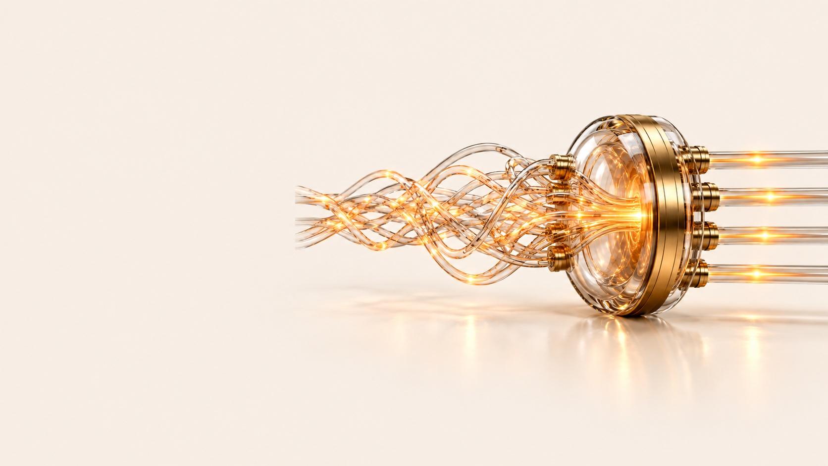 Tubos de vidrio transparente enredados que transportan luz dorada convergen en una cámara de vidrio redonda con borde de latón y luego emergen como cuatro tubos rectos paralelos sobre una superficie color crema.
