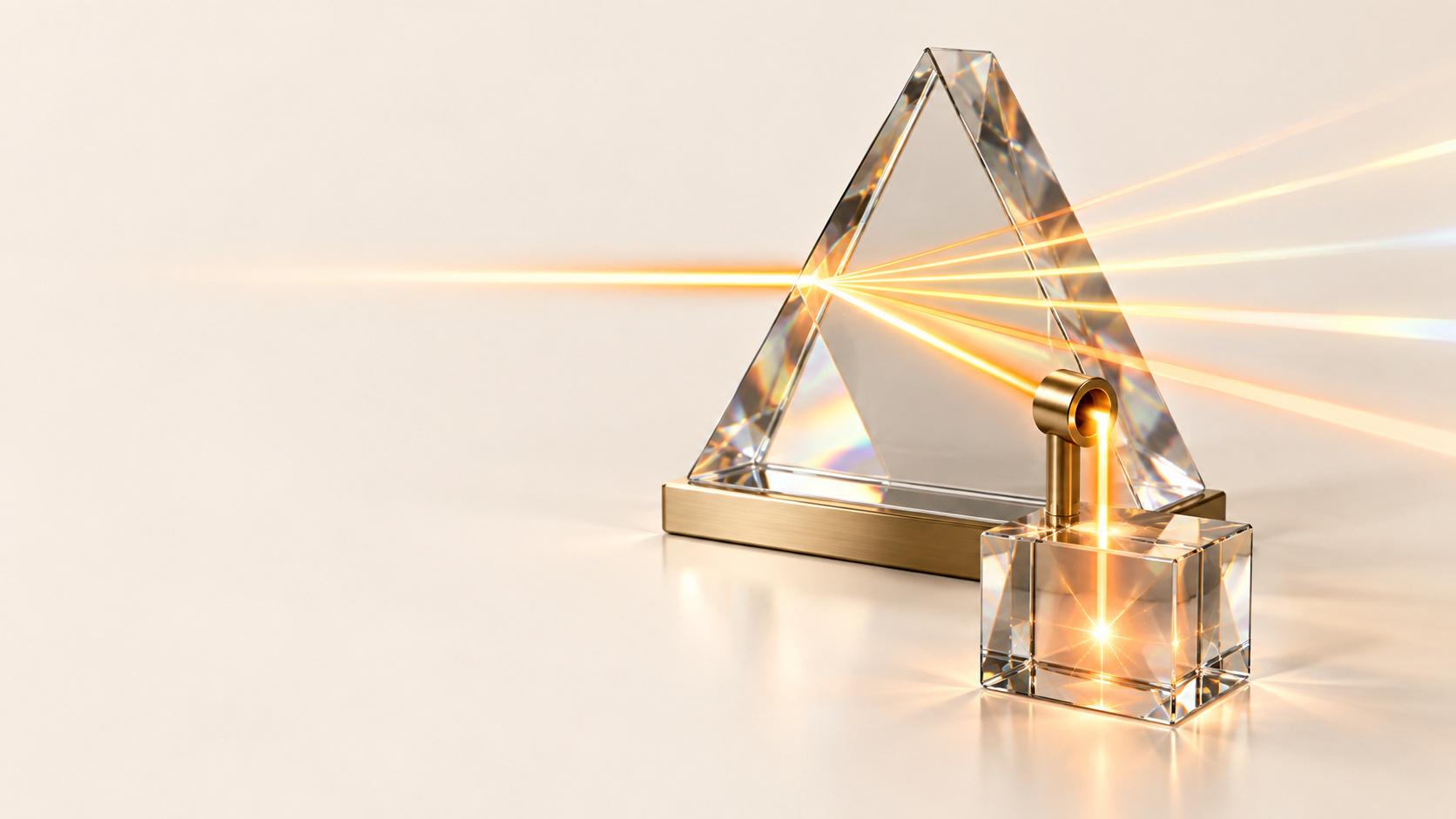 Un prisma triangular de vidrio transparente sobre una base de latón divide un haz de luz dorada en varios rayos, mientras un pequeño tubo de latón dirige uno de ellos hacia un cubo de vidrio luminoso sobre una superficie crema.