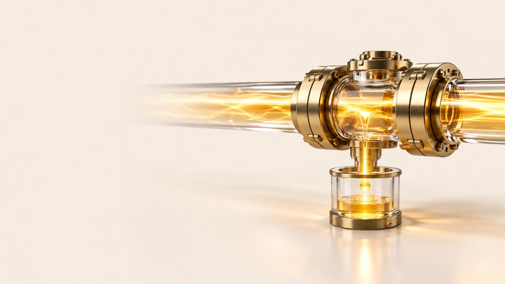Una tubería transparente transporta luz dorada por una unión de latón; una gota luminosa cae en un recipiente de vidrio sobre una superficie crema.