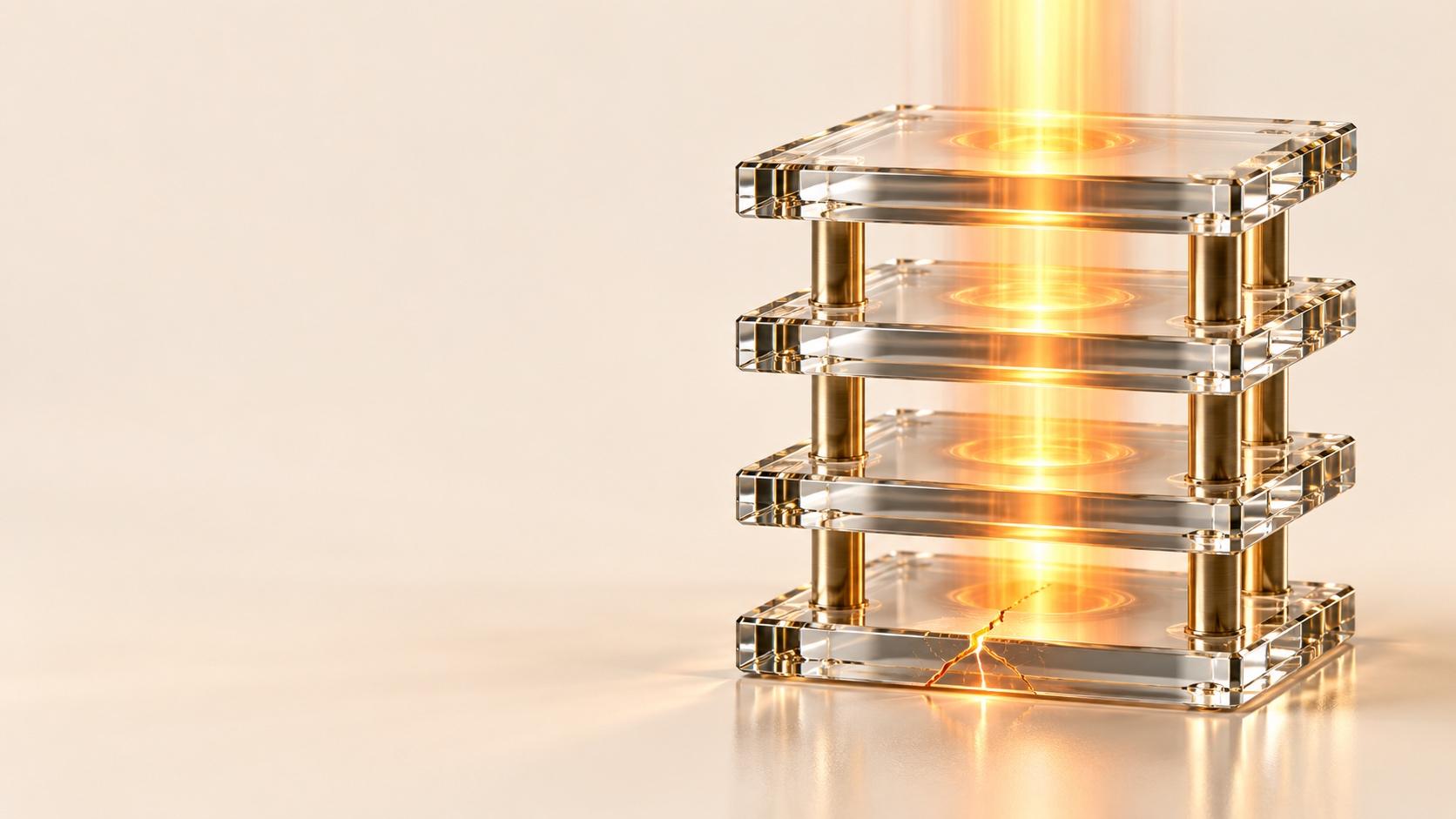 Cuatro gruesas placas de vidrio están apiladas sobre postes de latón alrededor de un haz vertical de luz dorada; Aparece una grieta ramificada en el borde frontal de la placa más baja sobre una superficie reflectante color crema.