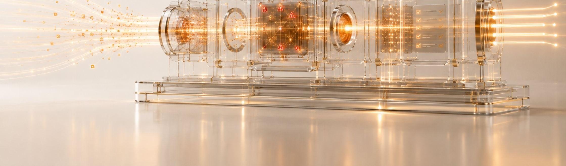 A row of transparent glass diagnostic chambers on a lit base, with scattered points of light entering from the left and resolving into ordered glowing cores.