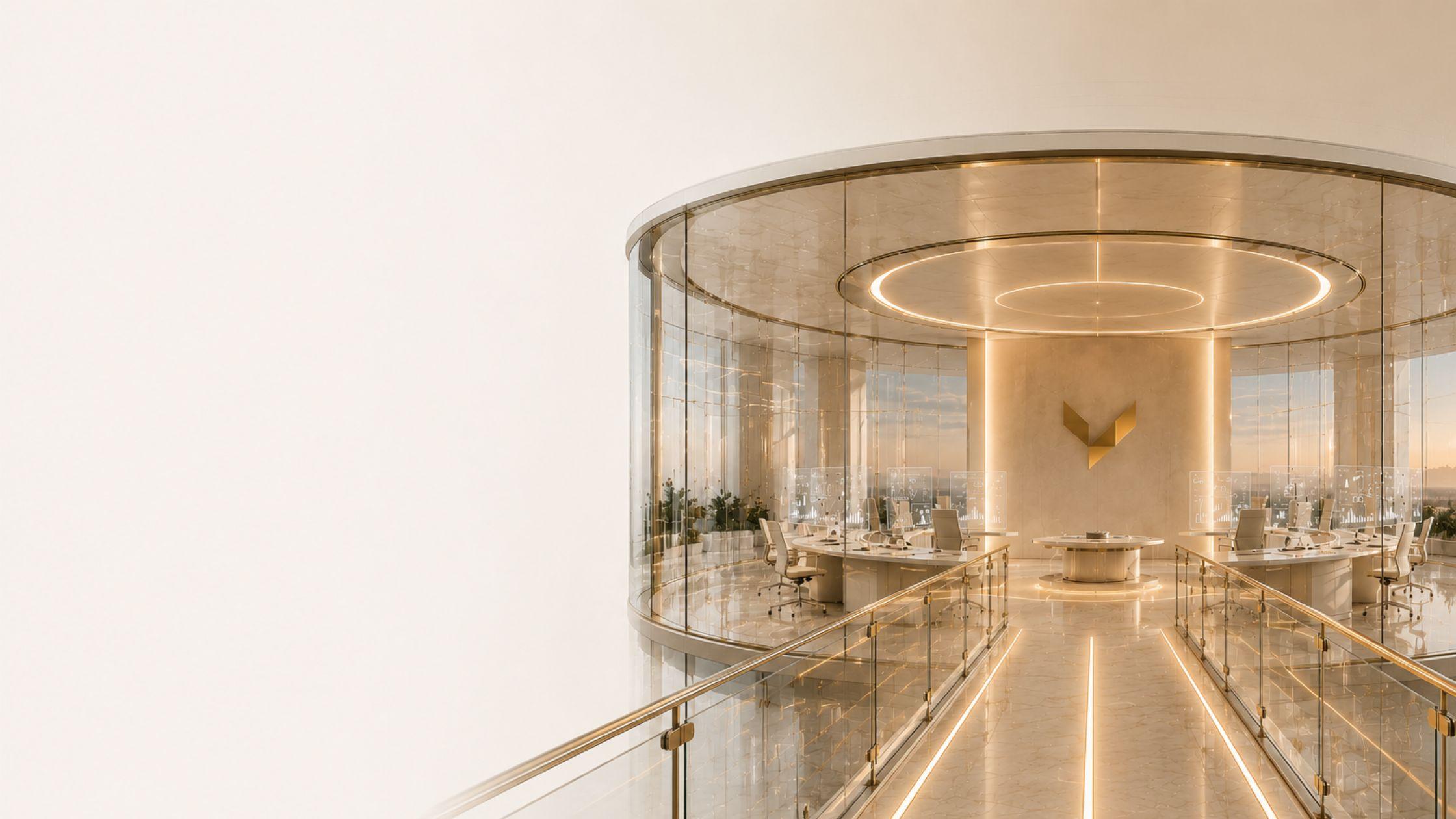 A curved glass operations room seen from an approach bridge, its empty desks lit by a warm ring of light overhead.