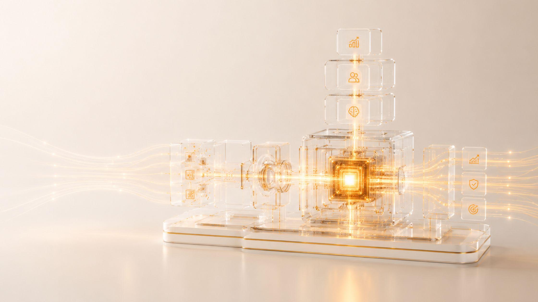 Un assemblage de serveurs en verre transparent éclairé de l’intérieur par une lumière dorée chaude, avec des traces de signal entrant par la gauche et convergeant vers un unique cœur lumineux.