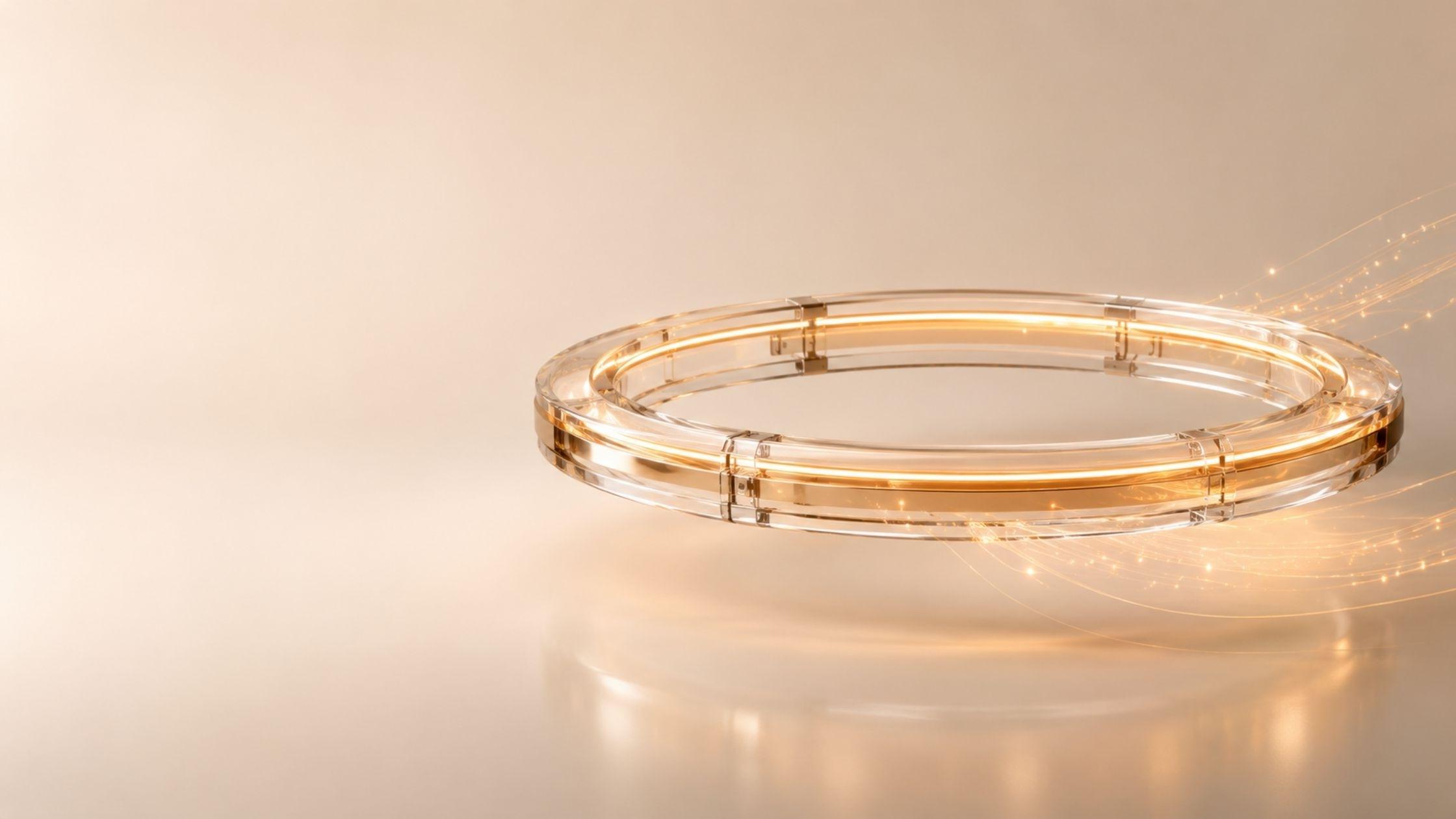 A wide circular glass ring lying flat, lit from within by a continuous band of warm gold light, with fine threads of light entering from the lower right and running into the loop.