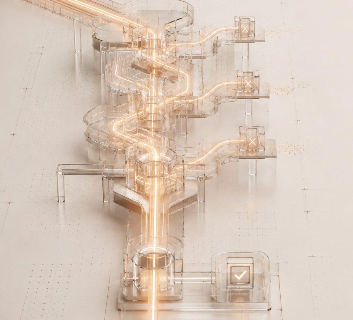 An overhead view of a glass processing structure where a bright gold path runs top to bottom past three branch gates marked with crosses and ends at a single gate marked with a check.