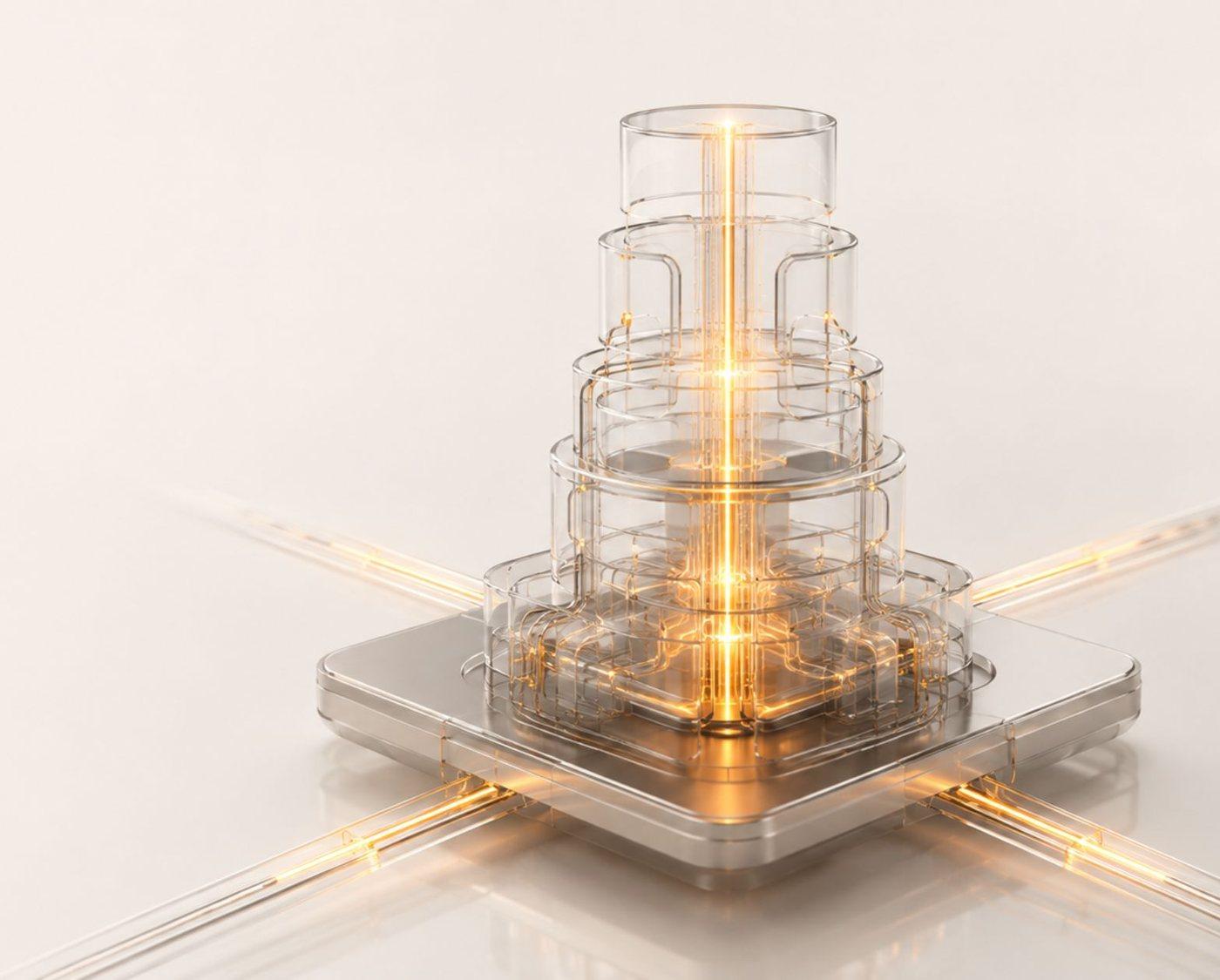 A tiered glass engine on a metal base, lit from its centre, with four illuminated rails running out to the corners.