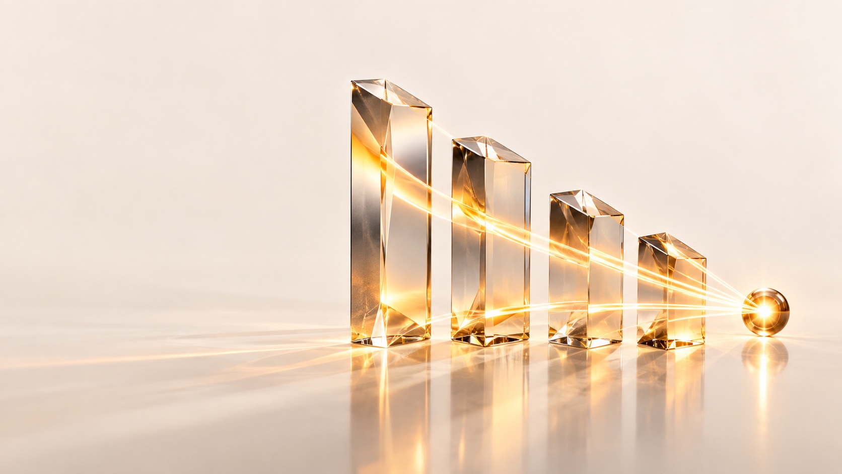 Four clear glass prisms descending in height from left to right, with golden light converging through them on a small glowing sphere on a reflective cream surface.