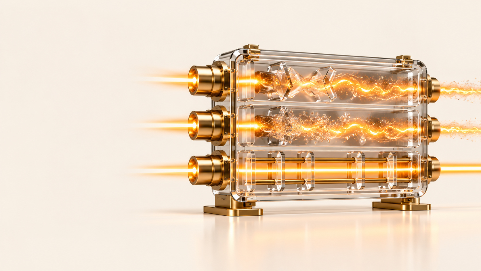 A clear glass block on brass feet carries three beams of golden light: the top two twist and scatter through loose glass pieces, while the bottom beam runs straight through evenly spaced glass baffles, on a cream background.
