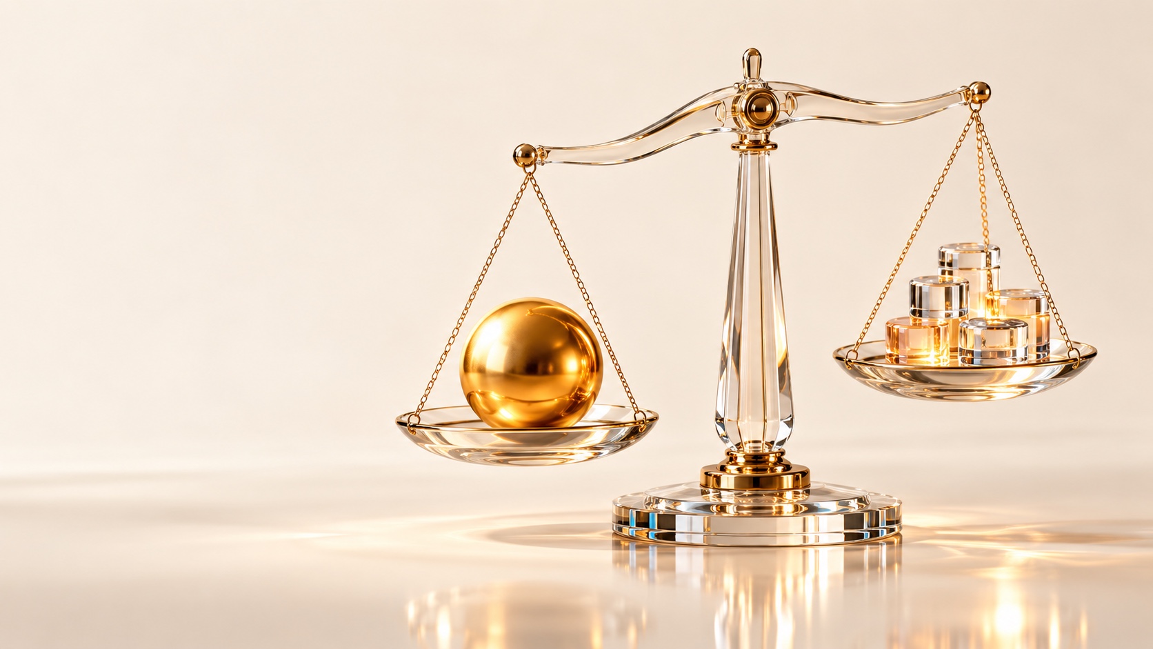 A clear glass balance scale on a reflective cream surface, its lower left pan holding a polished gold sphere and its raised right pan holding a small stack of clear glass cylinder weights glowing amber in warm light.