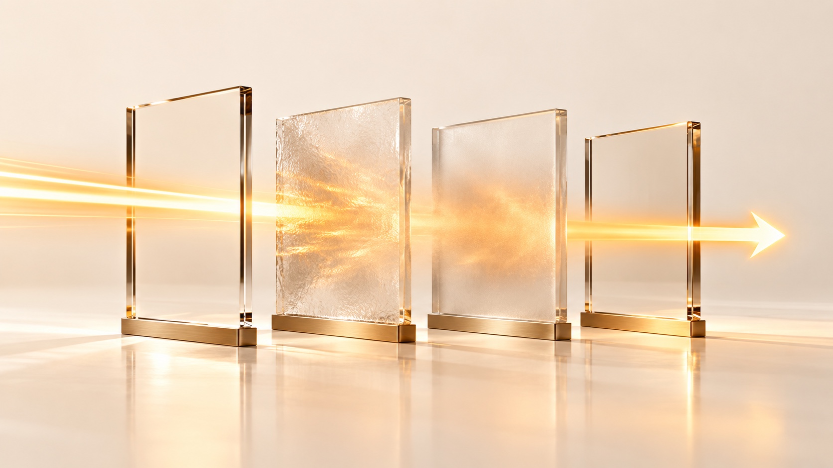 Cuatro paneles de vidrio verticales sobre bases de latón en fila diagonal sobre una superficie crema reflectante; un haz de luz dorada atraviesa limpio el primer y el último panel, transparentes, y se dispersa dentro de los dos paneles esmerilados del centro antes de salir como una flecha.