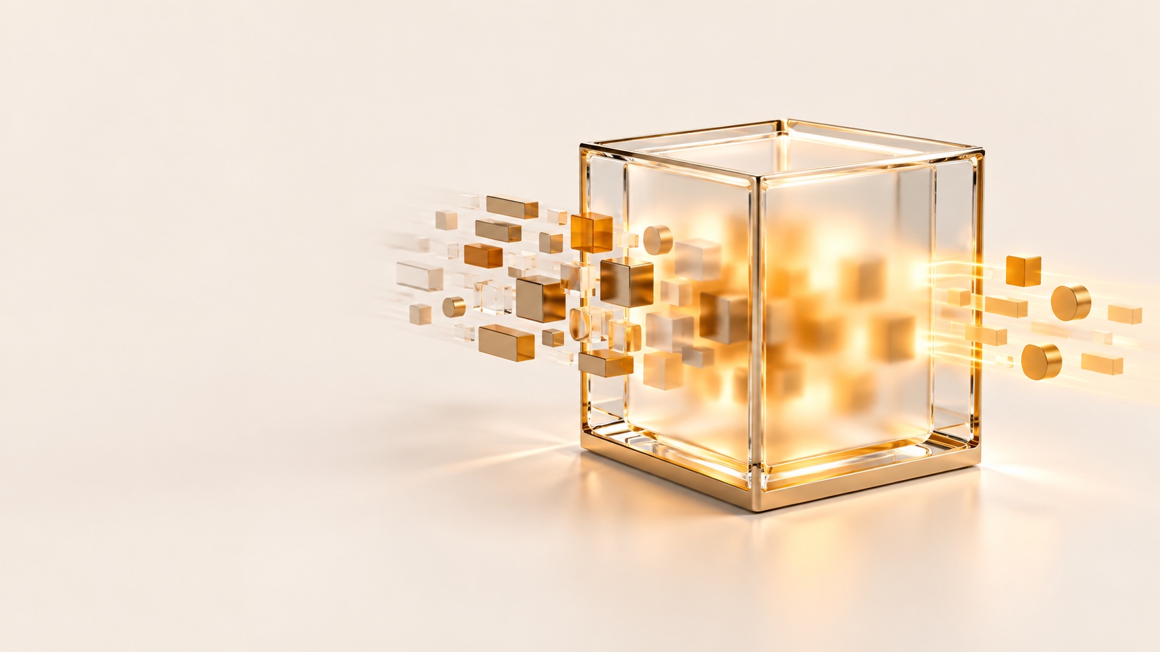 A clear glass cube with gold edges and blurred golden forms inside, surrounded by small glass and gold shapes on a cream surface.