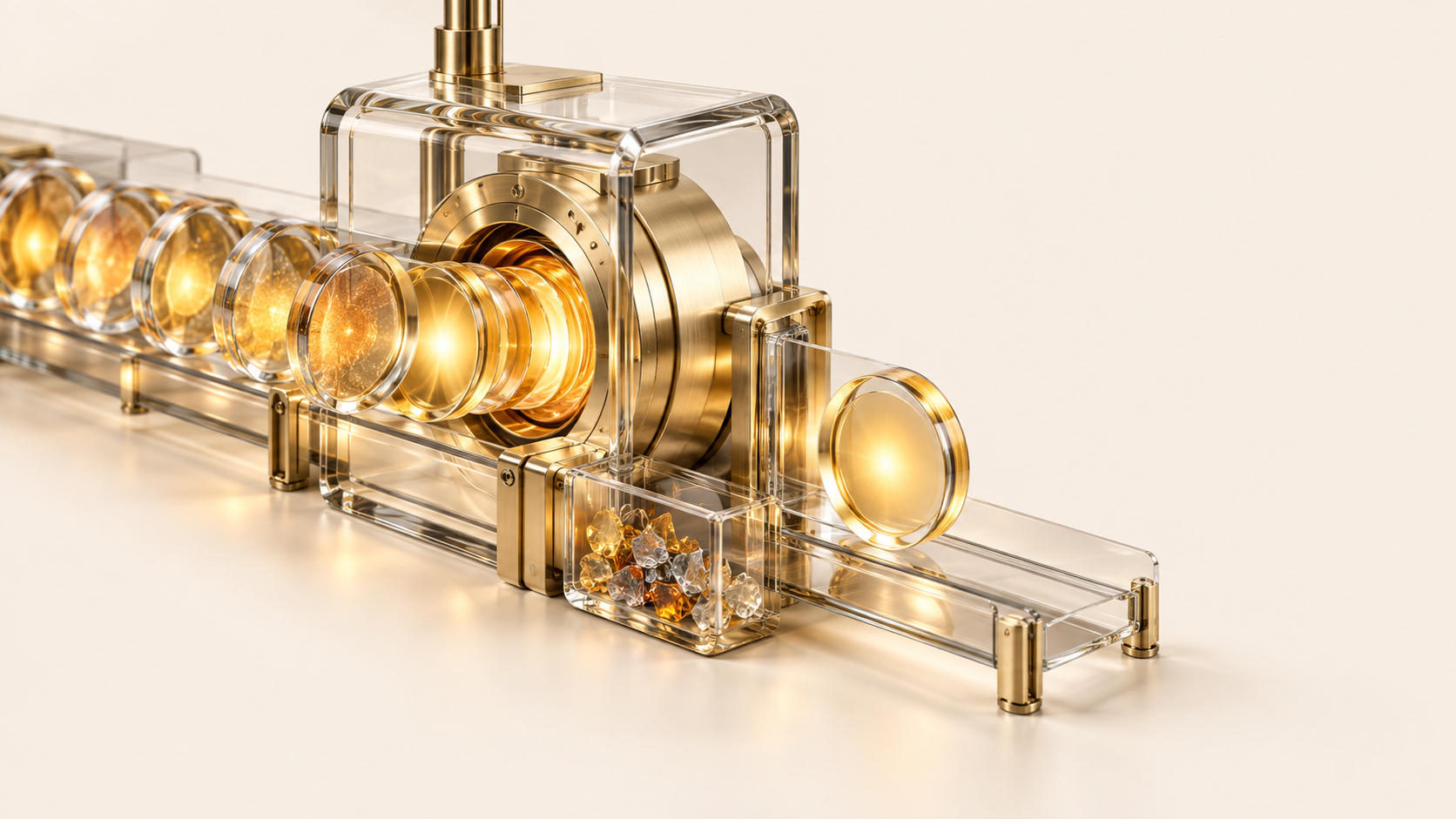 A row of glowing, cloudy glass discs on a clear glass rail passes through a brass and glass housing; one clear disc exits on the right while a small glass tray below collects rough amber and clear fragments, on a cream surface.