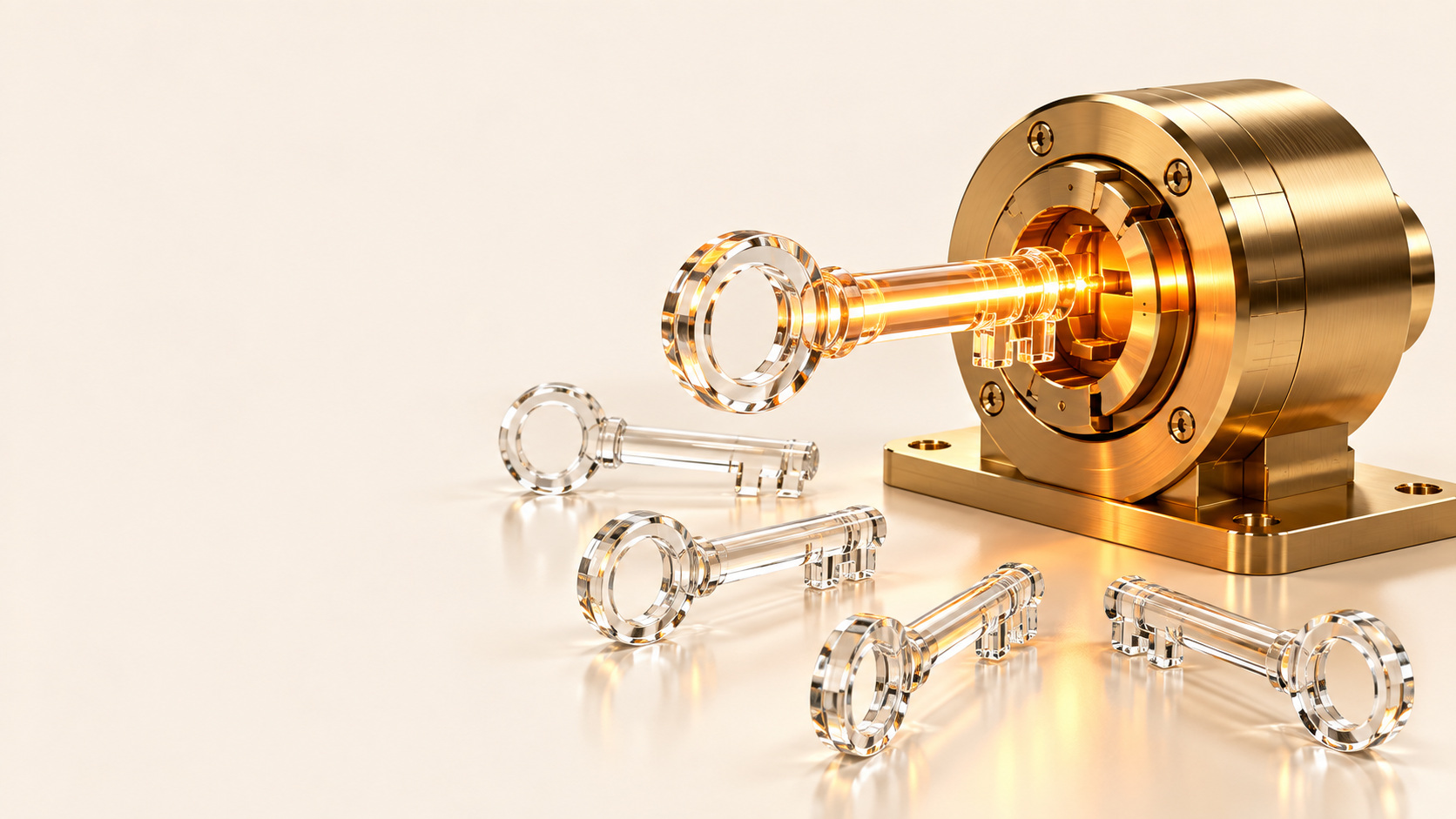A clear glass key glowing gold inside a brass lock, with four unused glass keys resting on a reflective cream surface.