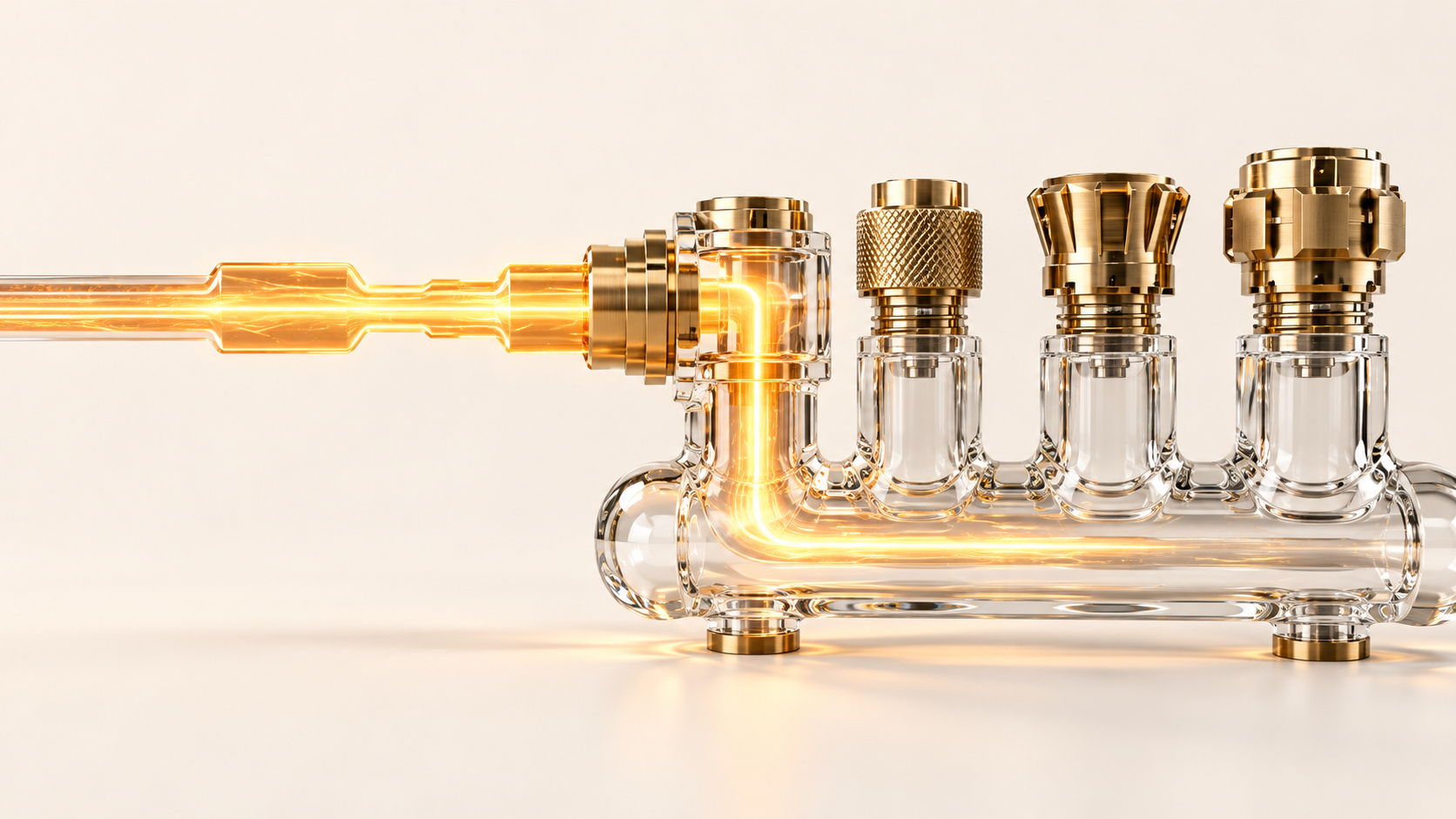 A golden beam enters a clear glass manifold through a brass coupling and runs along its base, beneath four upright glass ports each topped with a different brass fitting, on a cream background.