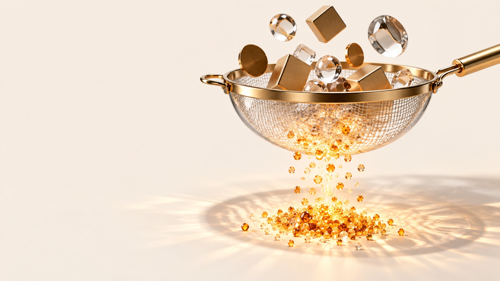 A brass and gold mesh sieve holds glass shapes above glowing gold beads falling through against a cream background.