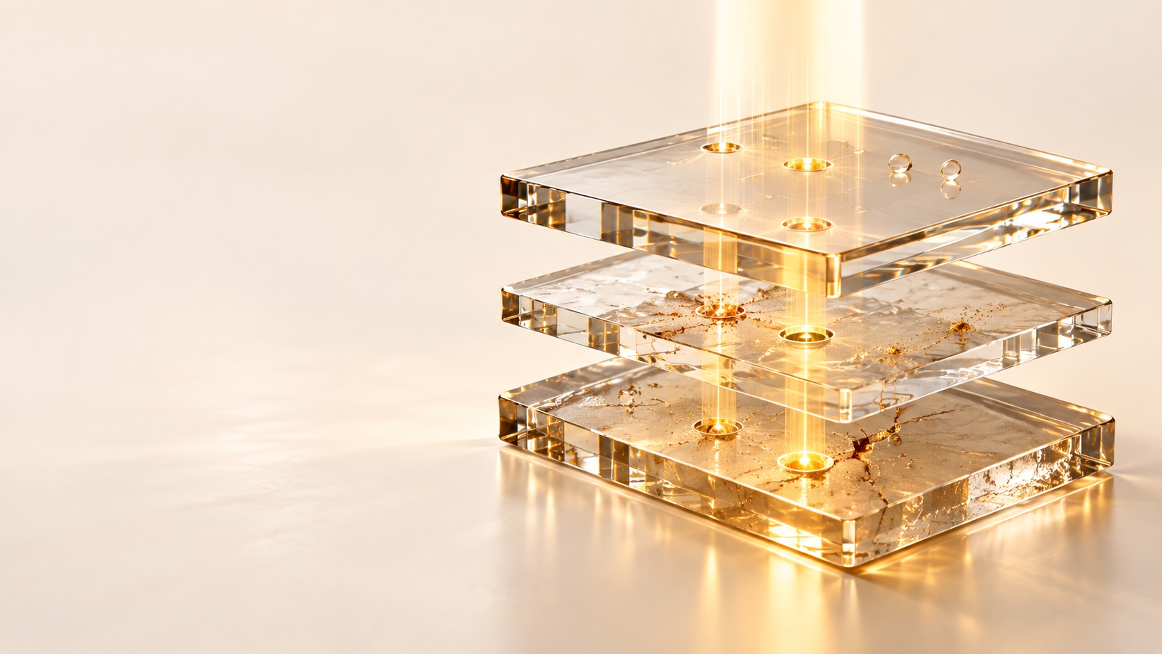 Three stacked translucent glass panes on a cream surface, warm gold light passing down through them, with small bright points marking flaws in each layer.