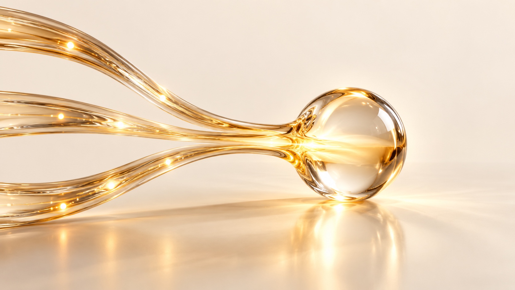 Tres hilos de vidrio translúcido que llevan una cálida luz dorada convergen en una única esfera de vidrio transparente sobre una superficie crema pálida.