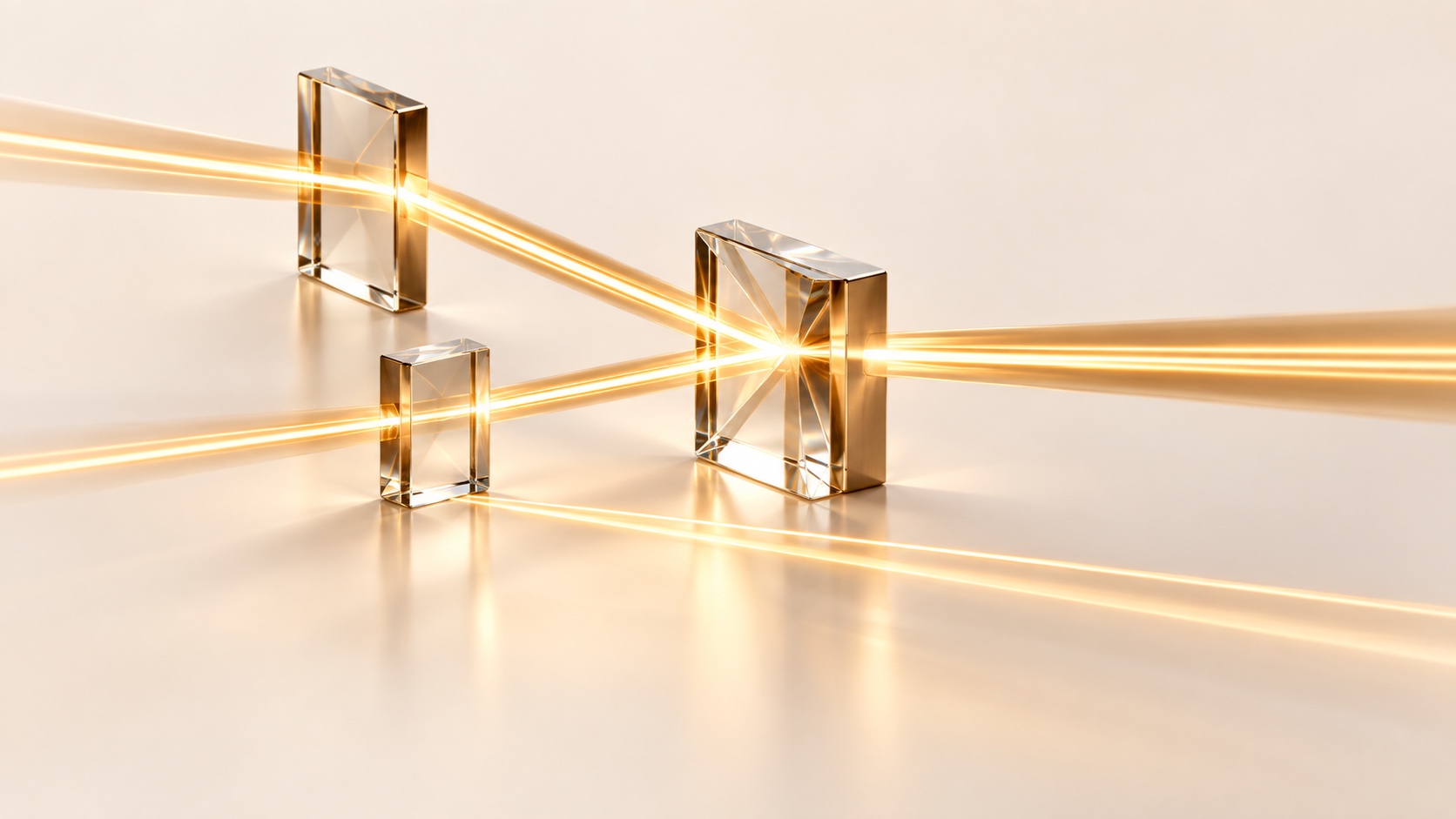 Des prismes de verre sur une surface crème : deux faisceaux de lumière dorée convergent en un seul à travers un prisme central tandis qu'un troisième passe tout près sans les rejoindre.