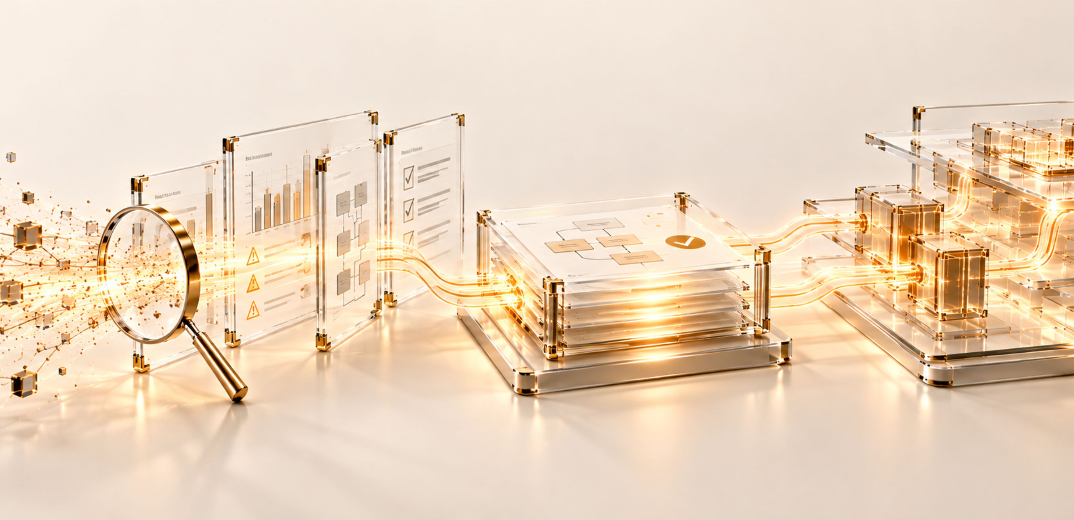 Cream and gold glass workflow: a magnifying glass inspects scattered data, audit panels flag issues, a validated plan layer follows, and the flow ends in a built system of connected modules.