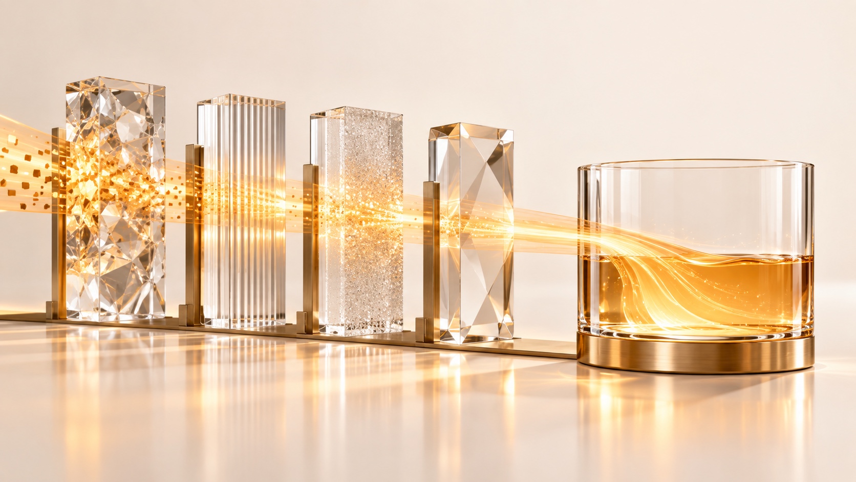 A beam of warm gold light passing through a row of interchangeable translucent glass prisms into one clear glass vessel on a pale white surface