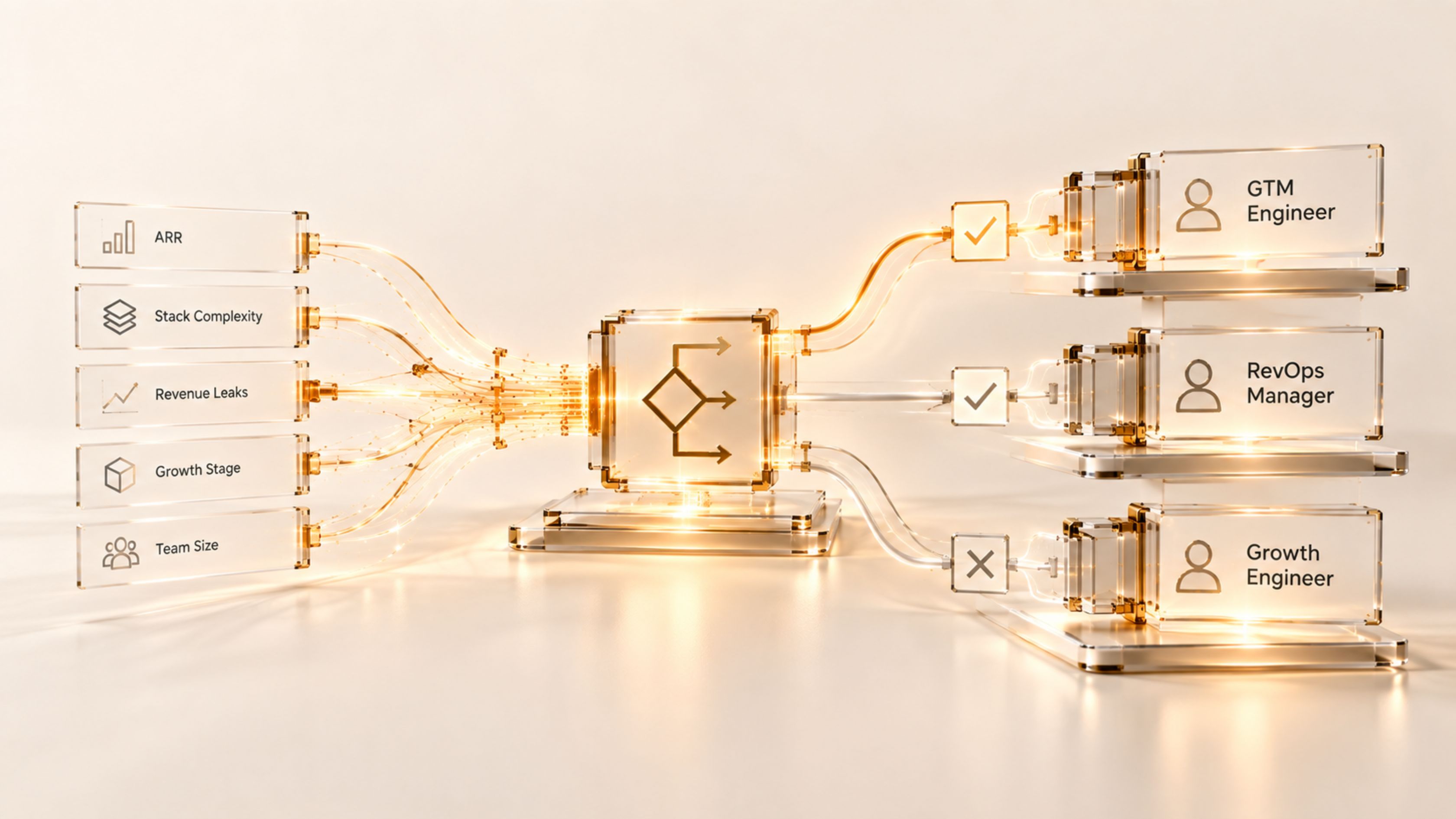 Cream and gold glass flowchart routes ARR, stack complexity, revenue leaks, growth stage and team size toward GTM Engineer, RevOps Manager and Growth Engineer roles.