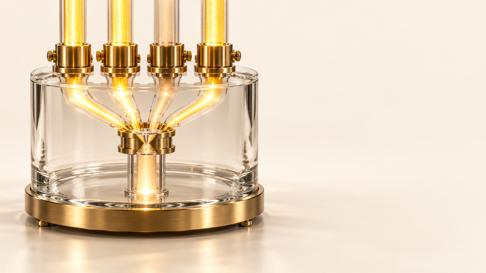 Quatre tubes de verre verticaux avec raccords en laiton entrent dans une chambre cylindrique en verre et convergent vers une sortie dorée brillante ; le troisième tube en partant de la gauche est un variateur, sur une surface réfléchissante crème.