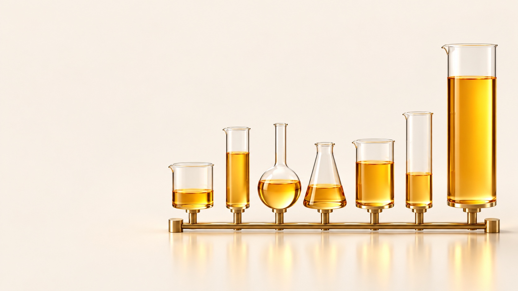 Sept récipients en verre transparent de formes différentes, partiellement remplis de liquide doré à différents niveaux, sur un rail en laiton devant un fond crème pâle.