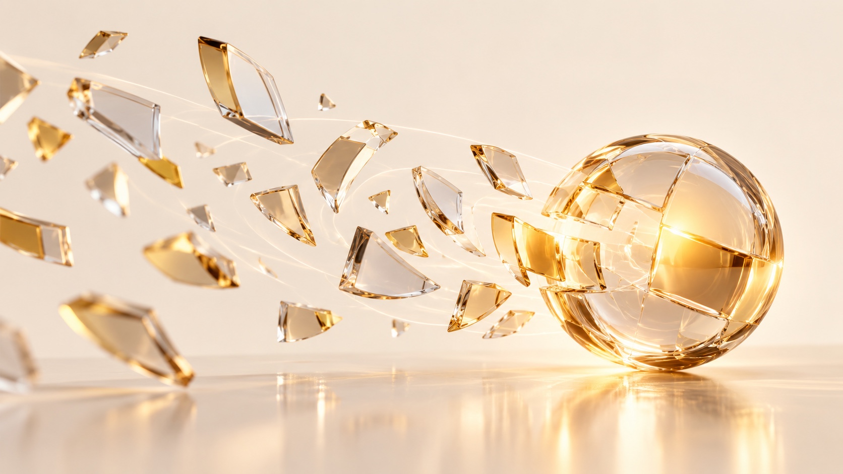 Scattered shards of clear and gold glass stream from left to right and fuse into a single glowing glass sphere on a reflective cream surface.