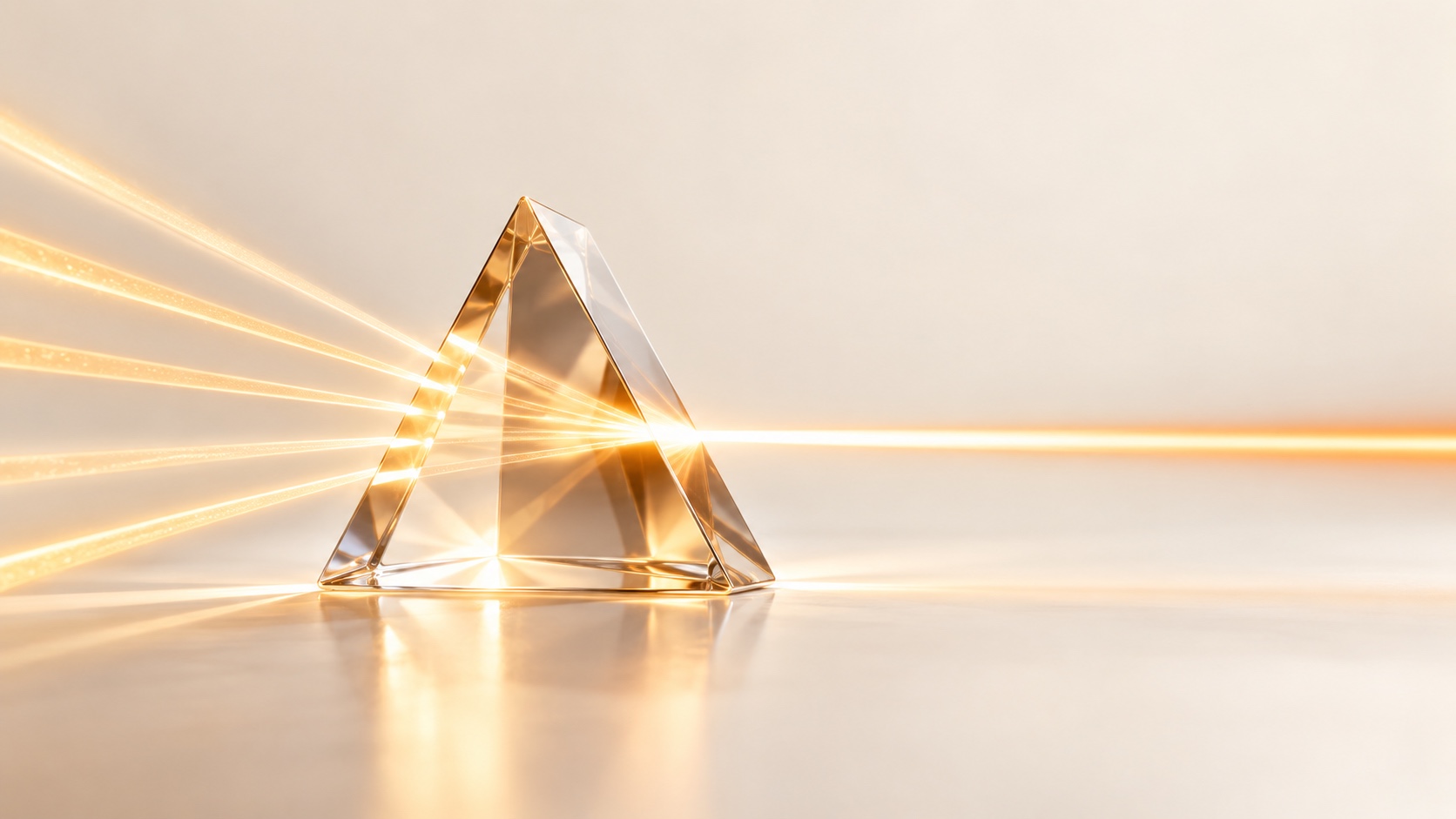 Un prisme triangulaire en verre transparent posé sur une surface crème pâle, traversé par plusieurs faisceaux de lumière dorée chaude qui entrent par la gauche et ressortent à droite en un seul faisceau lumineux et concentré.
