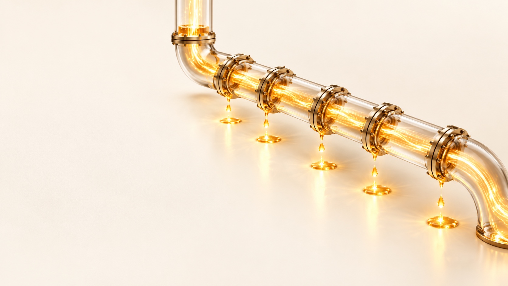 A transparent glass pipe with brass joints carries golden light across a pale cream surface while droplets escape from five joints.