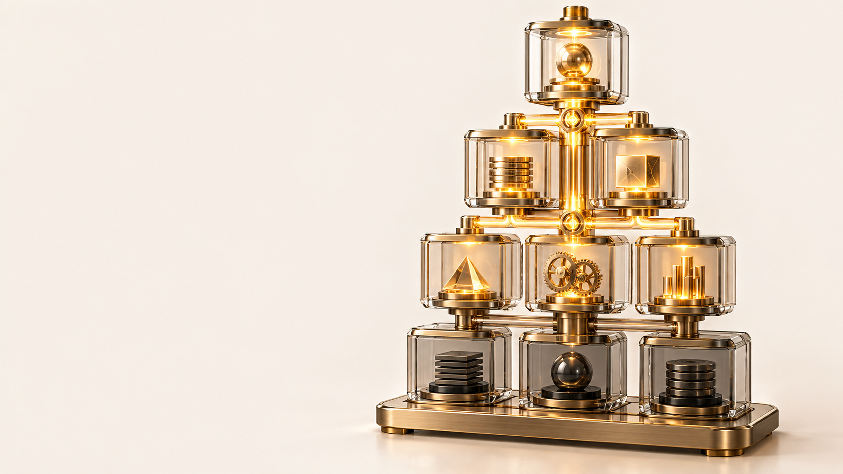 Nine clear glass chambers stacked in a pyramid of one, two, three and three on a brass base, joined by glowing gold pipes, each holding a small object such as gears, coins, a cube or a bar chart, against a cream background.