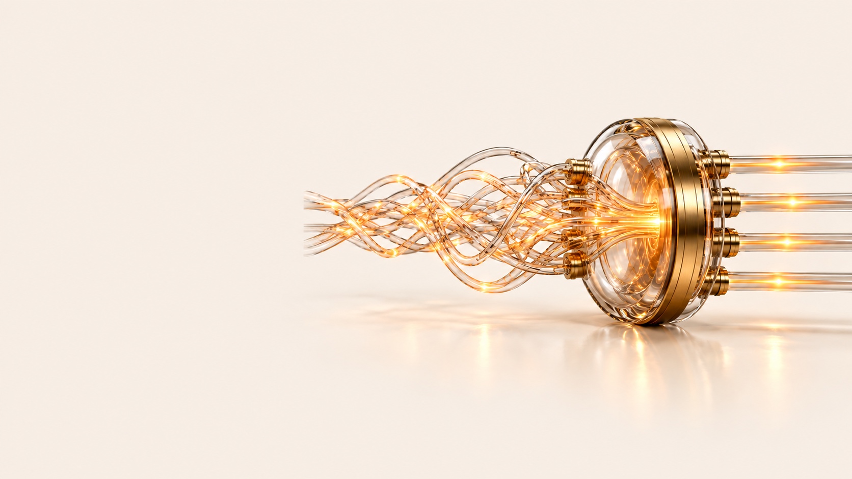 Tangled clear glass tubes carrying gold light converge into a round brass-rimmed glass chamber, then emerge as four straight parallel tubes across a cream surface.