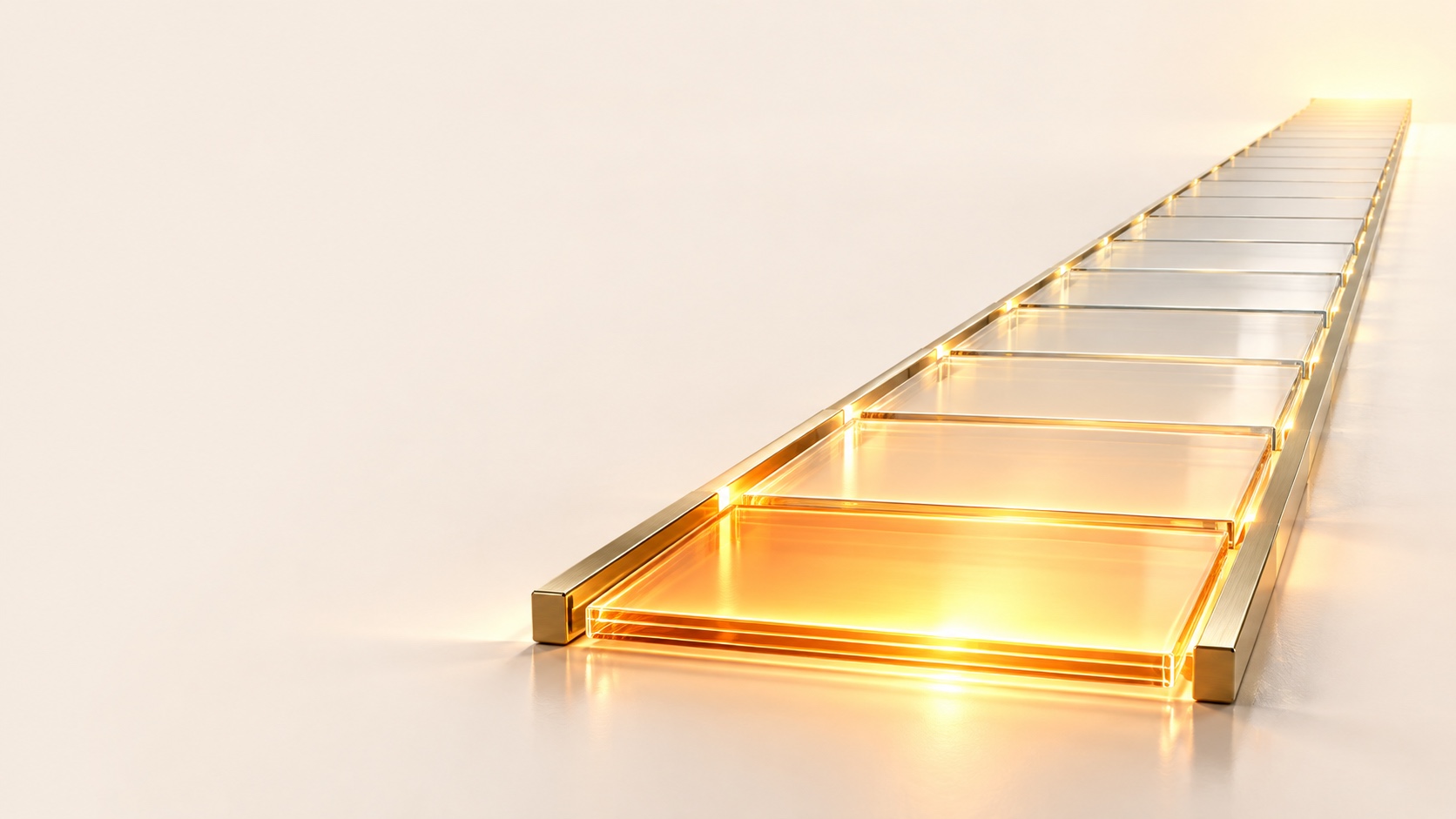 A receding runway of transparent glass tiles between slim brass rails, glowing gold in the foreground against an opaque cream background.