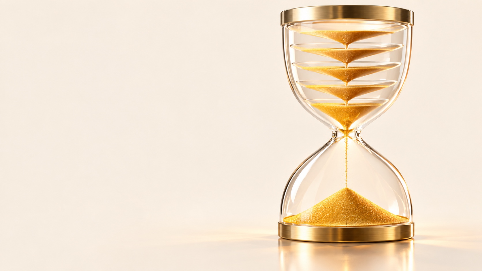 A glass hourglass with five gold-lit tiers above falling gold sand, framed in brass against a cream background.
