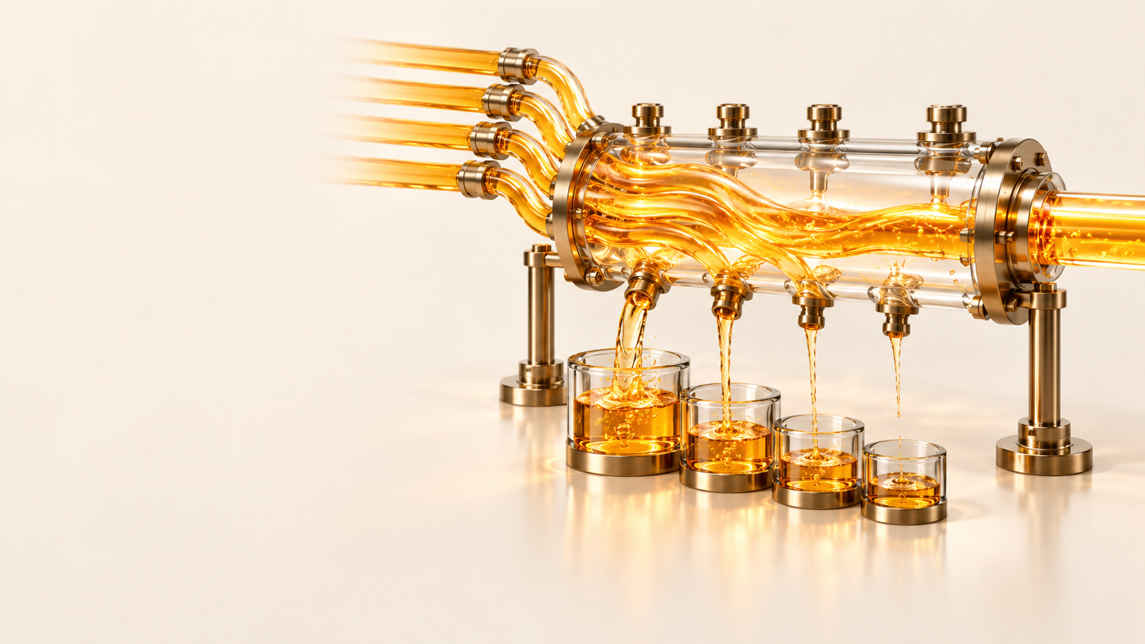 Four clear glass pipes carrying gold liquid feed a horizontal glass manifold on brass stands, and four spouts beneath it pour into four small glass cups that shrink in size and fill level from left to right on a pale reflective surface.