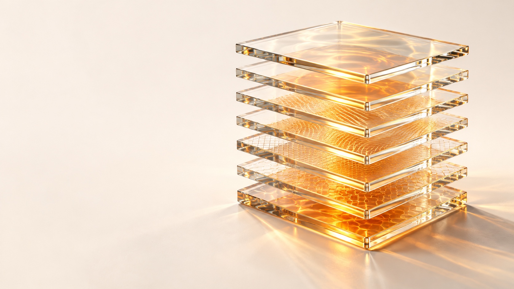 Transparent glass sheets stacked apart, with warm golden light glowing through their edges on a pale cream ground.