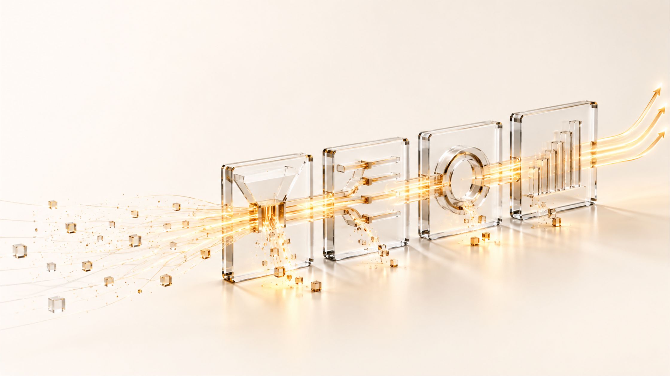 Golden light passes through four transparent glass panels depicting a funnel, routing branches, a circular ring, and rising bars, with cubes spilling beneath.