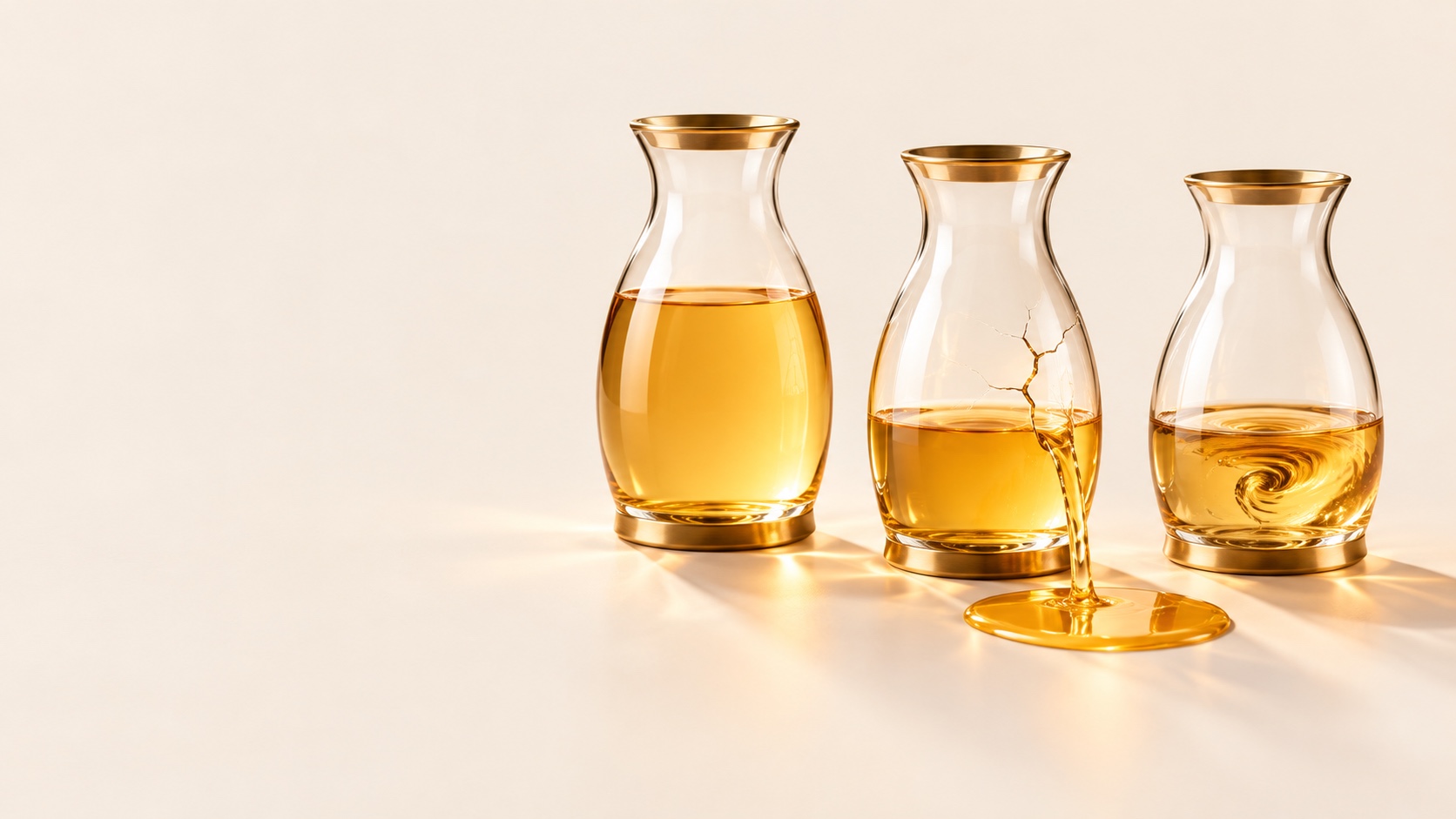 Three transparent glass vessels with brass-colored rims hold golden liquid on a pale cream background; a crack in the middle vessel spills liquid onto the surface, while the right vessel contains a visible swirl.