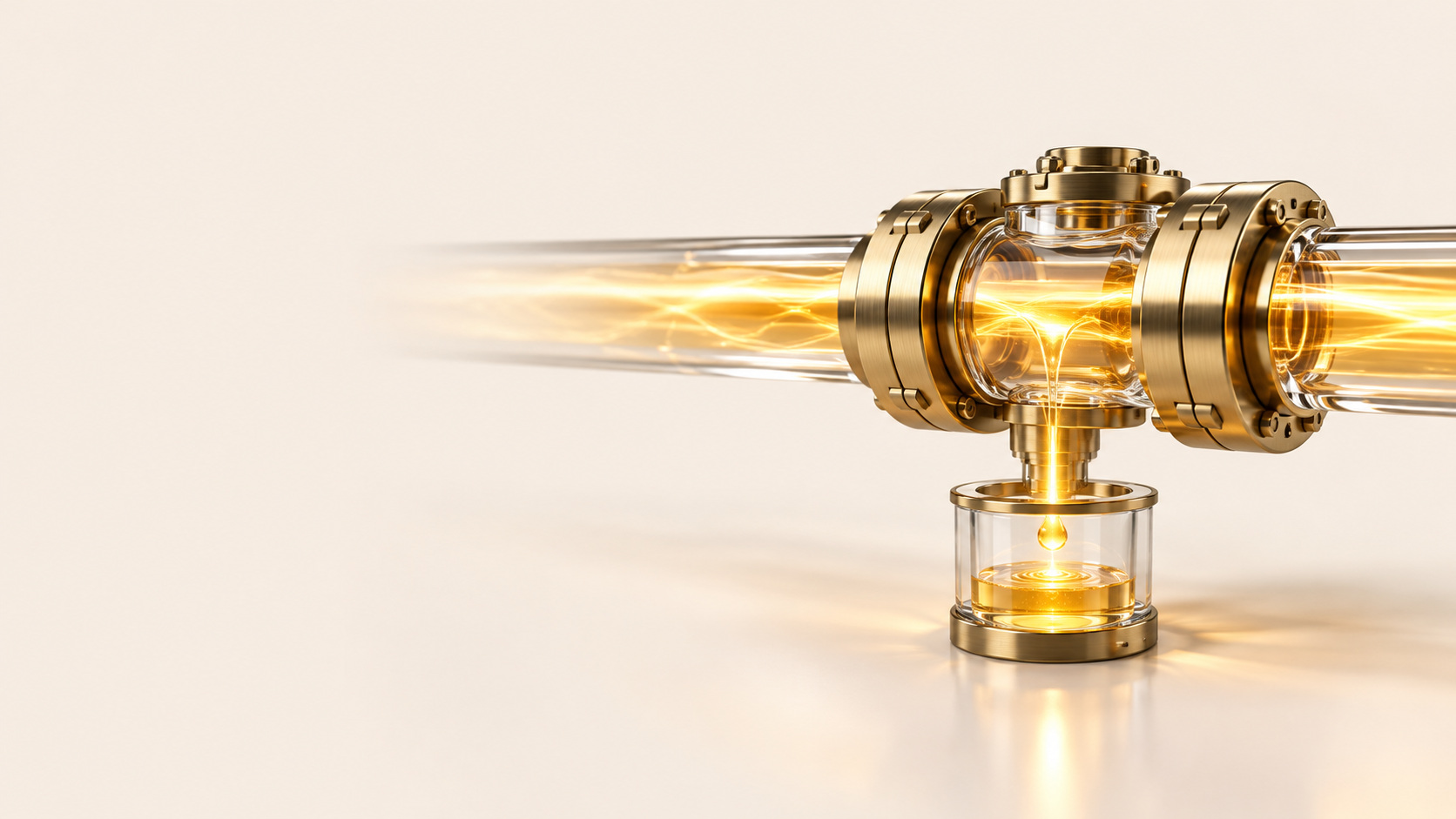 A transparent pipe carries golden light through a brass joint, with a glowing droplet falling into a glass cup beneath it on a cream surface.